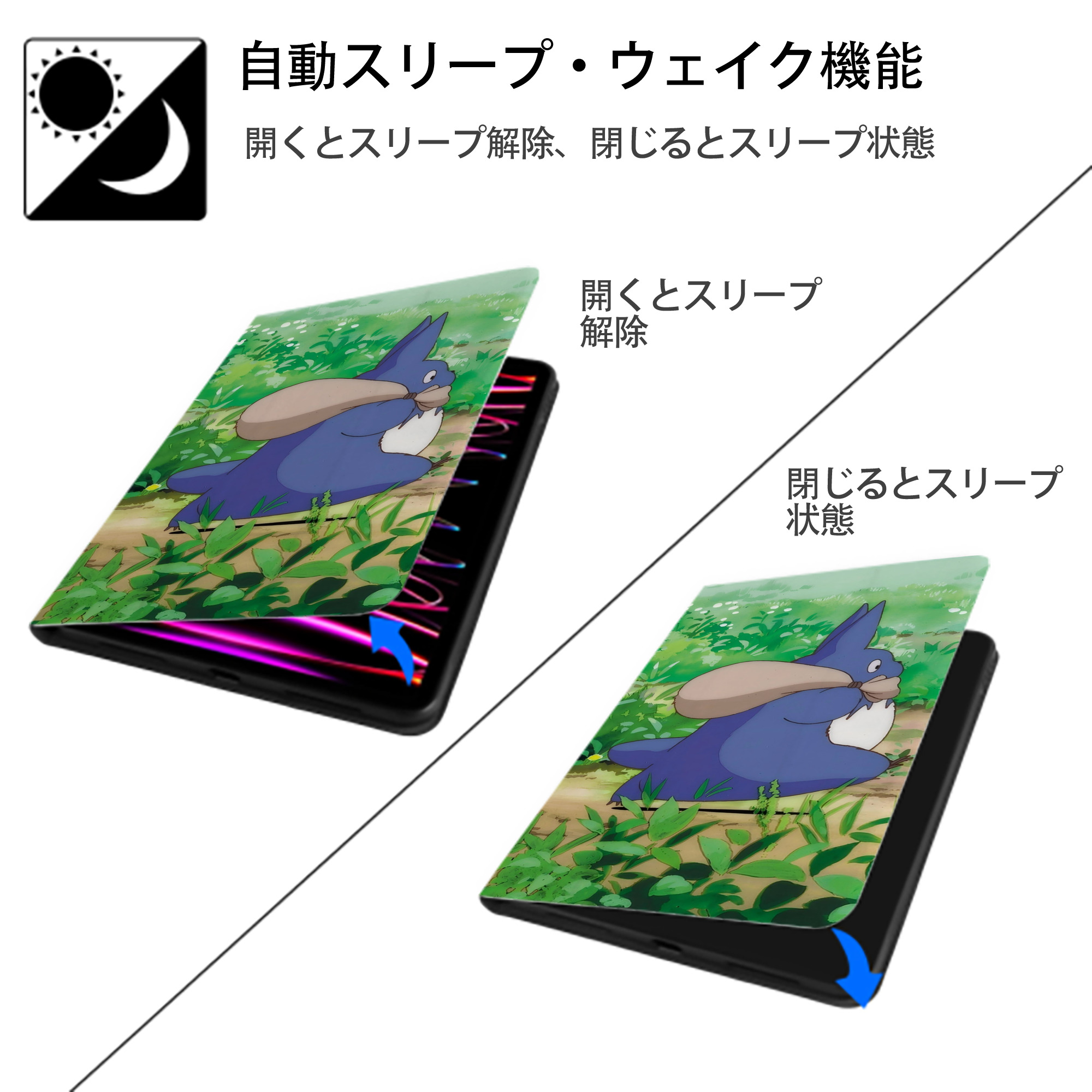 となりのトトロ 草壁メイ 草壁サツキ My Neighbor Totoro Satsuki Kusakabe Mei Kusakabe IPad ケース ブック型 PUレザー TPU 耐衝撃 軽量 薄型 ペン収納なし 全面保護 IPad 各モデル対応