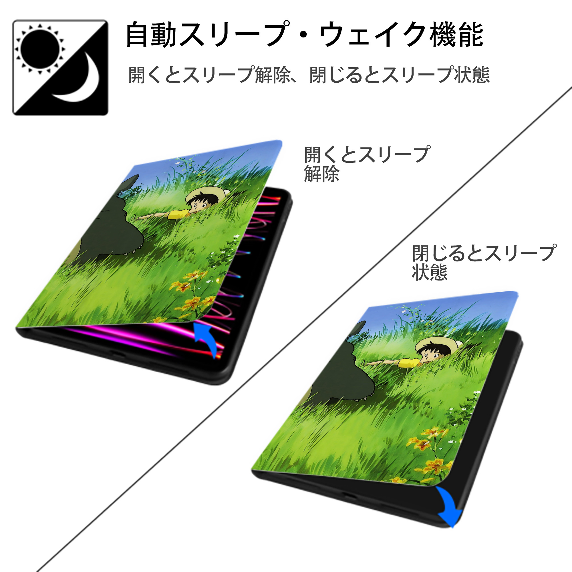 となりのトトロ 草壁メイ 草壁サツキ My Neighbor Totoro Satsuki Kusakabe Mei Kusakabe IPad ケース ブック型 PUレザー TPU 耐衝撃 軽量 薄型 ペン収納なし 全面保護 IPad 各モデル対応