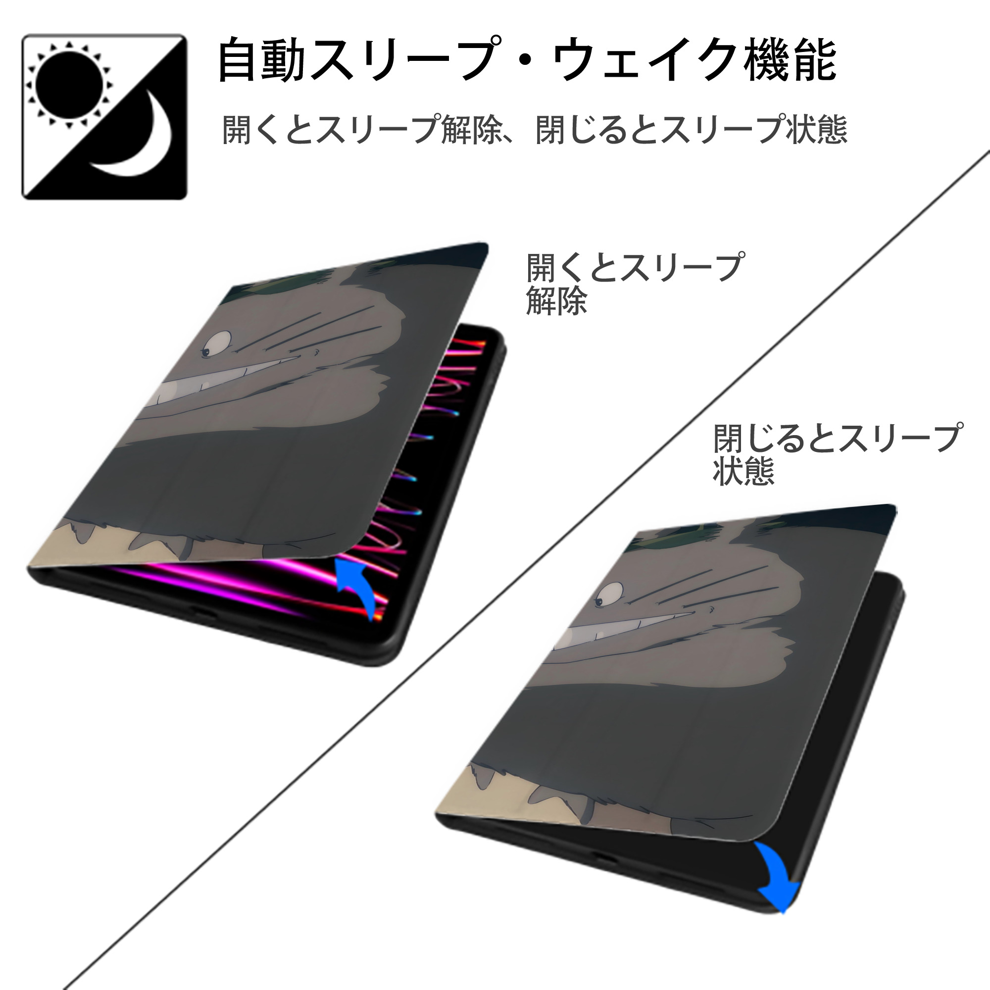 となりのトトロ 草壁メイ 草壁サツキ My Neighbor Totoro Satsuki Kusakabe Mei Kusakabe IPad ケース ブック型 PUレザー TPU 耐衝撃 軽量 薄型 ペン収納なし 全面保護 IPad 各モデル対応