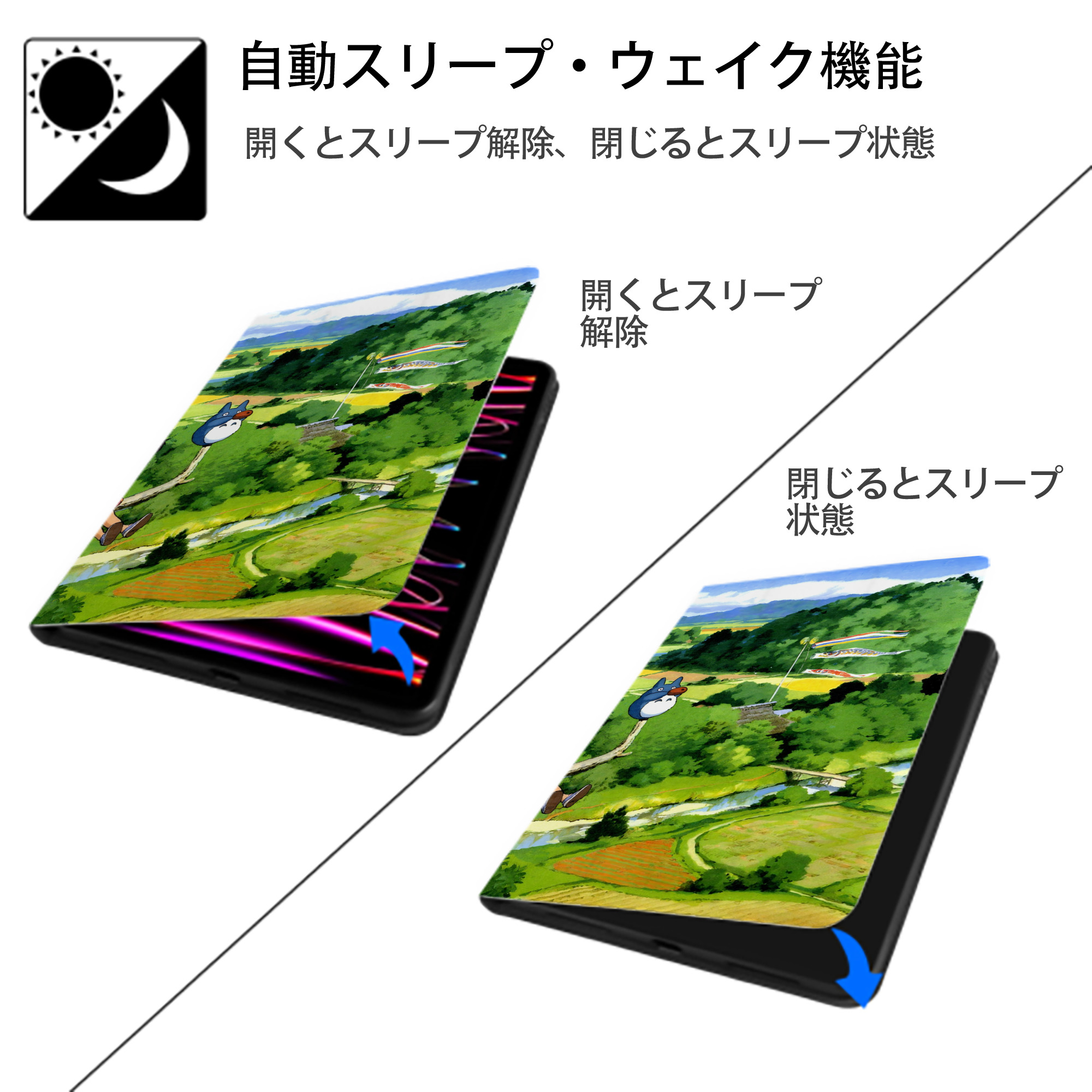 となりのトトロ 草壁メイ 草壁サツキ My Neighbor Totoro Satsuki Kusakabe Mei Kusakabe IPad ケース ブック型 PUレザー TPU 耐衝撃 軽量 薄型 ペン収納なし 全面保護 IPad 各モデル対応