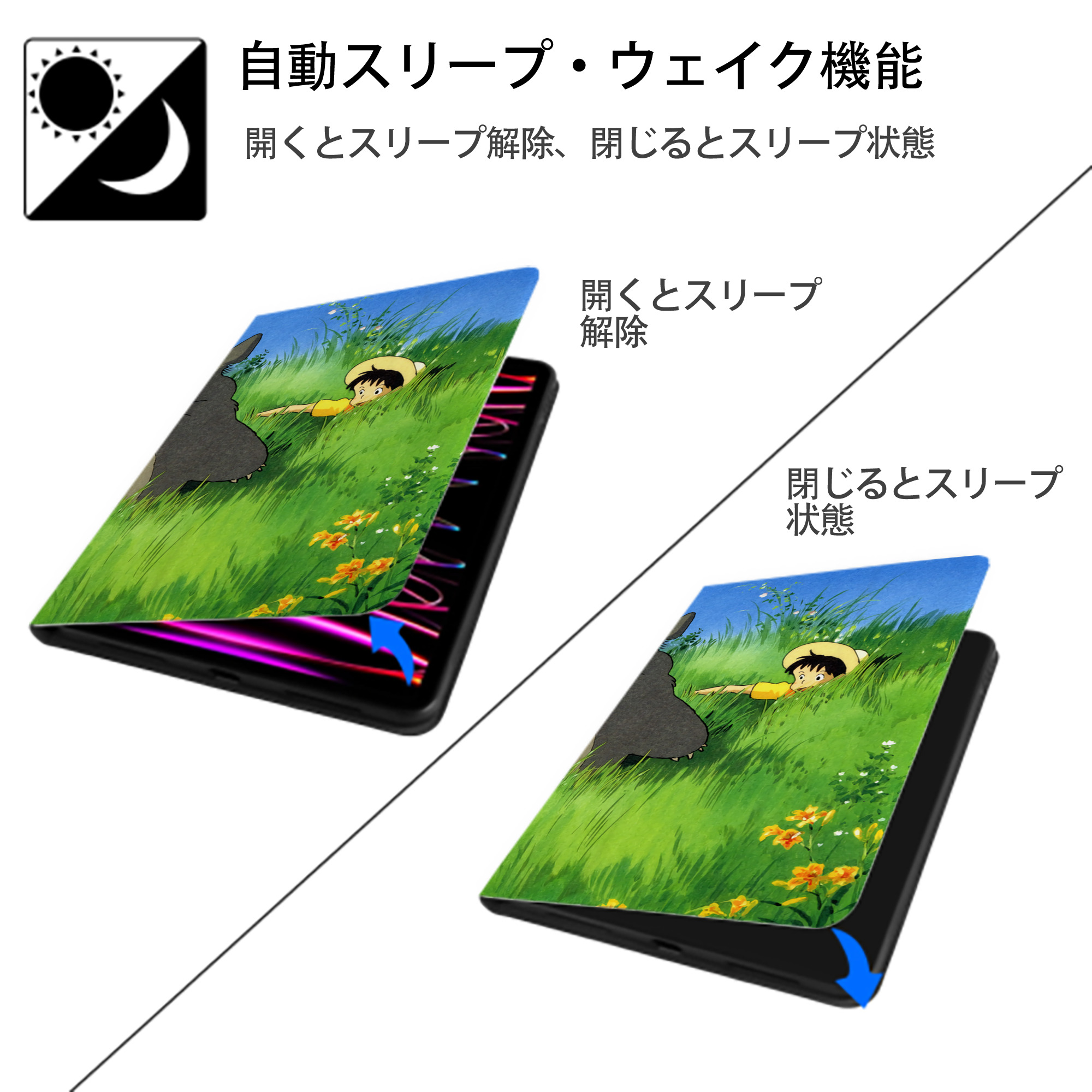 となりのトトロ 草壁メイ 草壁サツキ My Neighbor Totoro Satsuki Kusakabe Mei Kusakabe IPad ケース ブック型 PUレザー TPU 耐衝撃 軽量 薄型 ペン収納なし 全面保護 IPad 各モデル対応