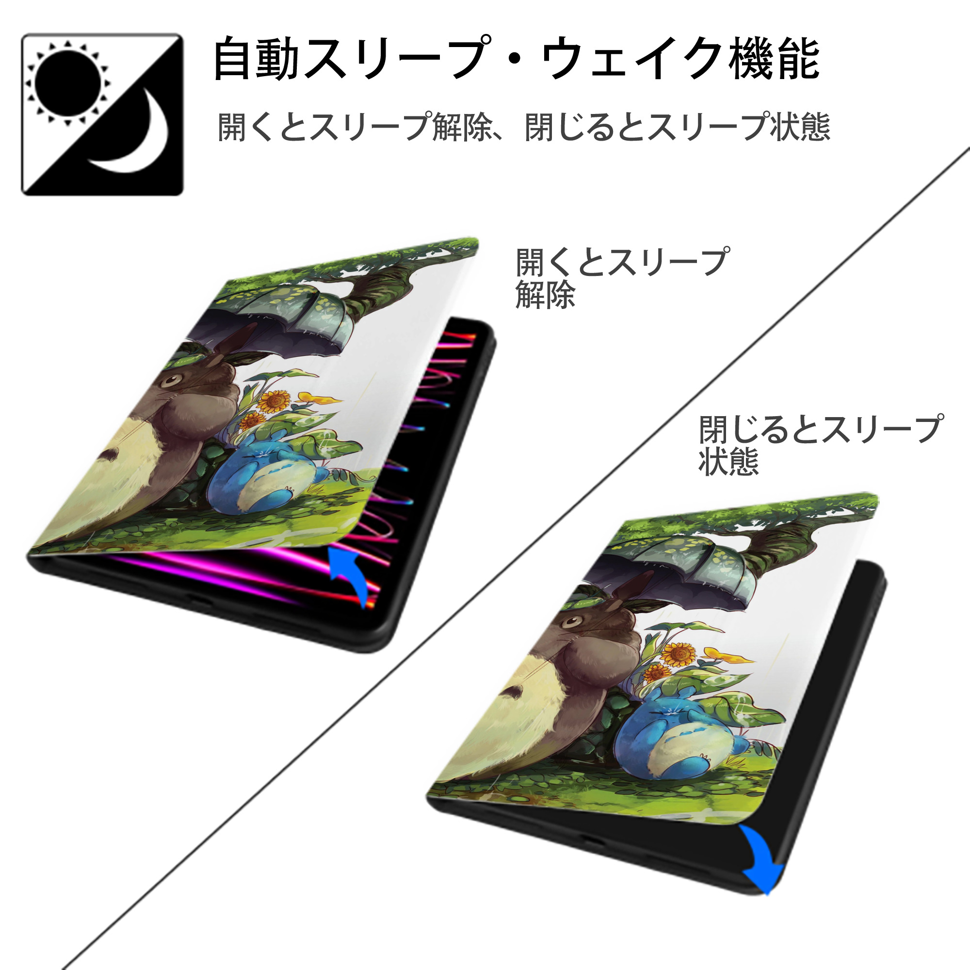 となりのトトロ 草壁メイ 草壁サツキ My Neighbor Totoro Satsuki Kusakabe Mei Kusakabe IPad ケース ブック型 PUレザー TPU 耐衝撃 軽量 薄型 ペン収納なし 全面保護 IPad 各モデル対応