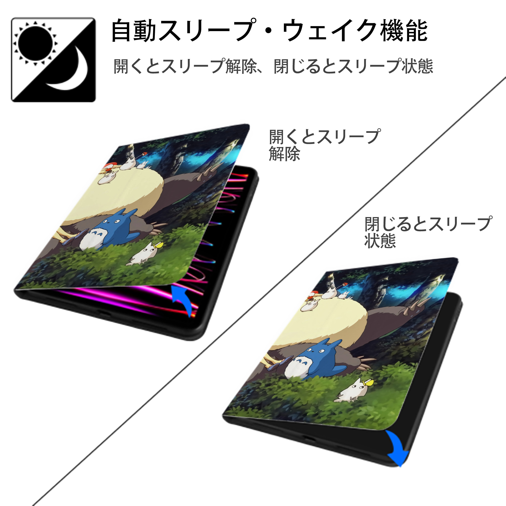 となりのトトロ 草壁メイ 草壁サツキ My Neighbor Totoro Satsuki Kusakabe Mei Kusakabe IPad ケース ブック型 PUレザー TPU 耐衝撃 軽量 薄型 ペン収納なし 全面保護 IPad 各モデル対応