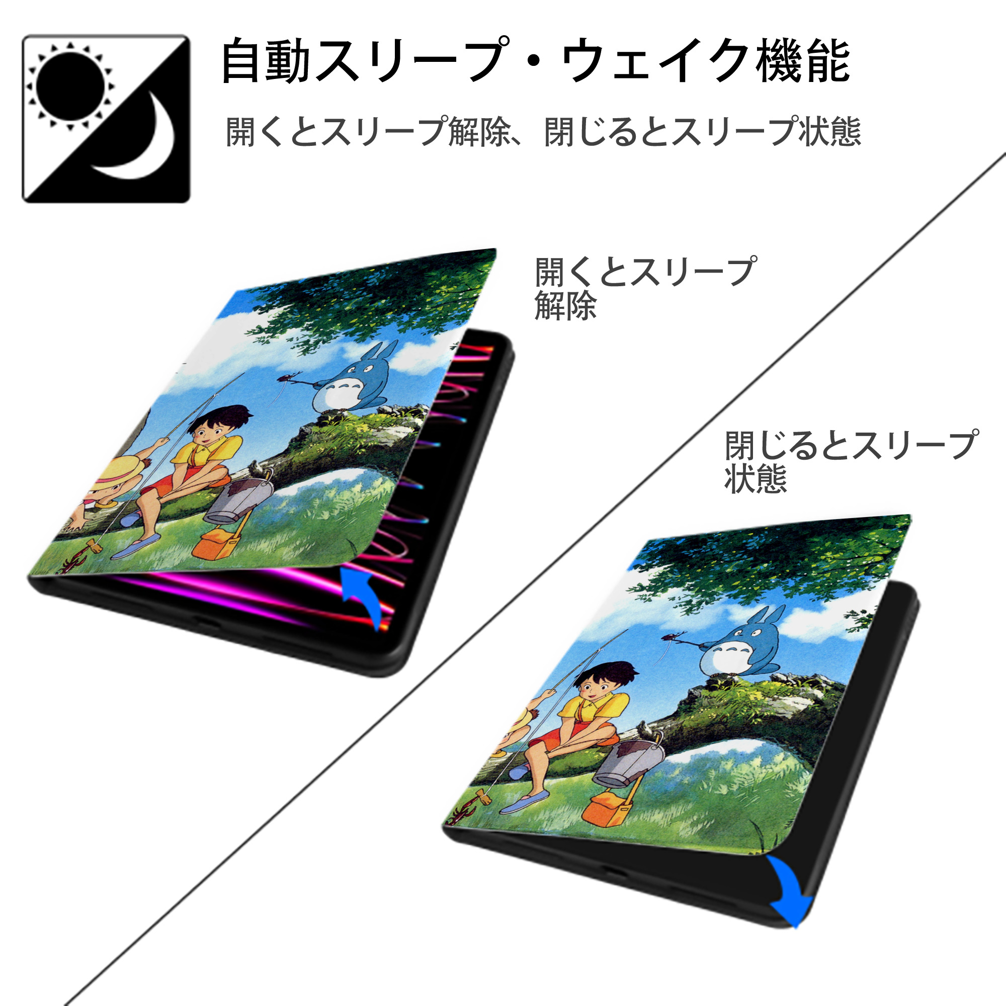 となりのトトロ 草壁メイ 草壁サツキ My Neighbor Totoro Satsuki Kusakabe Mei Kusakabe IPad ケース ブック型 PUレザー TPU 耐衝撃 軽量 薄型 ペン収納なし 全面保護 IPad 各モデル対応