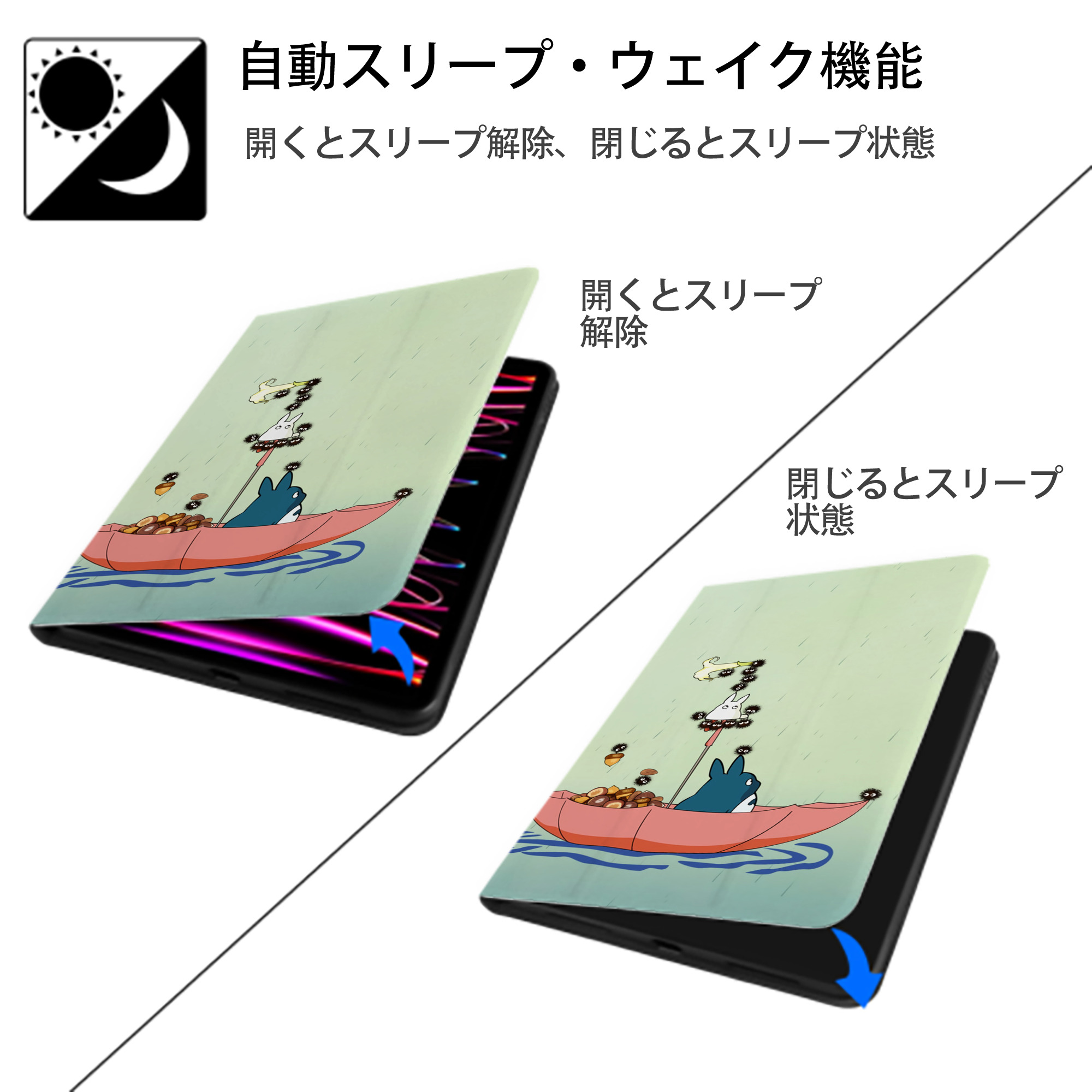 となりのトトロ 草壁メイ 草壁サツキ My Neighbor Totoro Satsuki Kusakabe Mei Kusakabe IPad ケース ブック型 PUレザー TPU 耐衝撃 軽量 薄型 ペン収納なし 全面保護 IPad 各モデル対応
