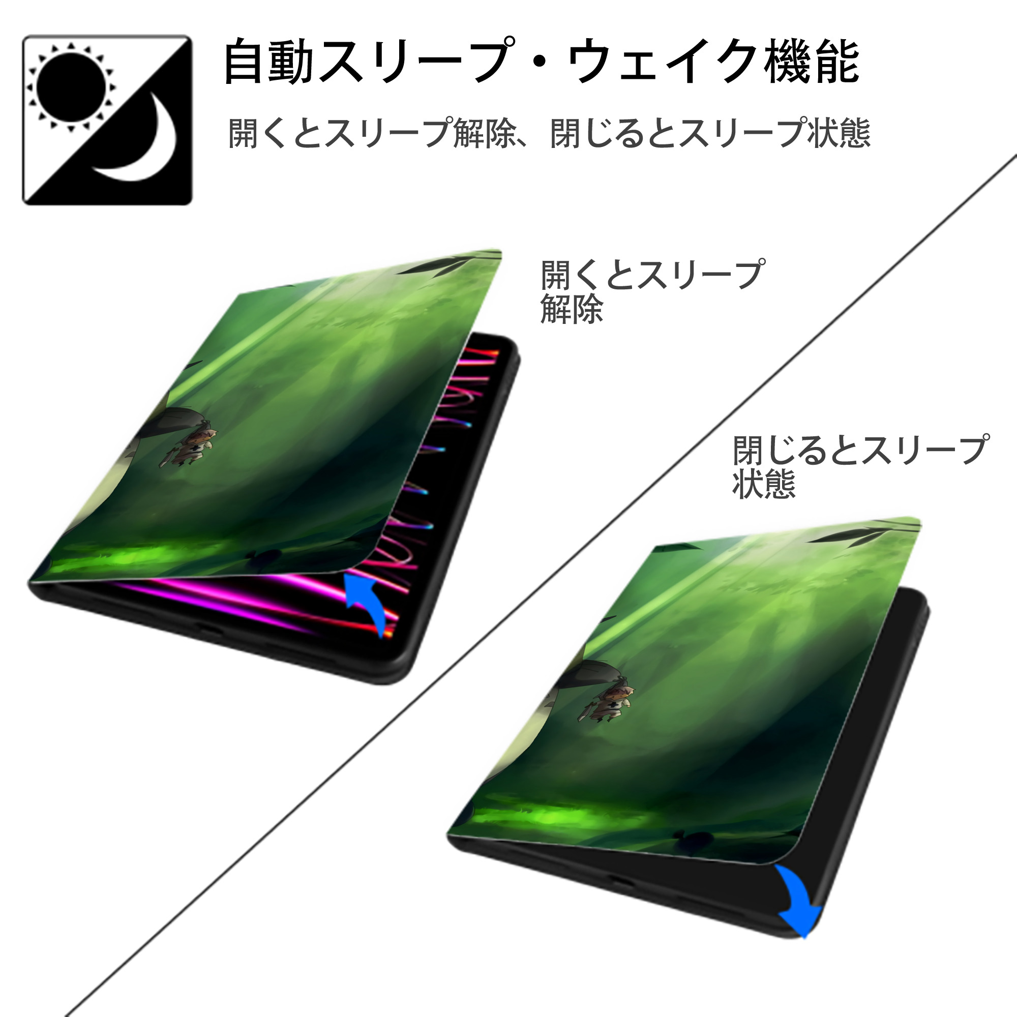 となりのトトロ 草壁メイ 草壁サツキ My Neighbor Totoro Satsuki Kusakabe Mei Kusakabe IPad ケース ブック型 PUレザー TPU 耐衝撃 軽量 薄型 ペン収納なし 全面保護 IPad 各モデル対応