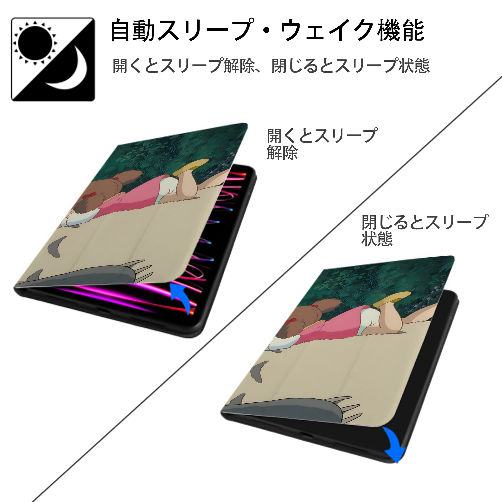 となりのトトロ 草壁メイ 草壁サツキ My Neighbor Totoro Satsuki Kusakabe Mei Kusakabe IPad ケース ブック型 PUレザー TPU 耐衝撃 軽量 薄型 ペン収納なし 全面保護 IPad 各モデル対応