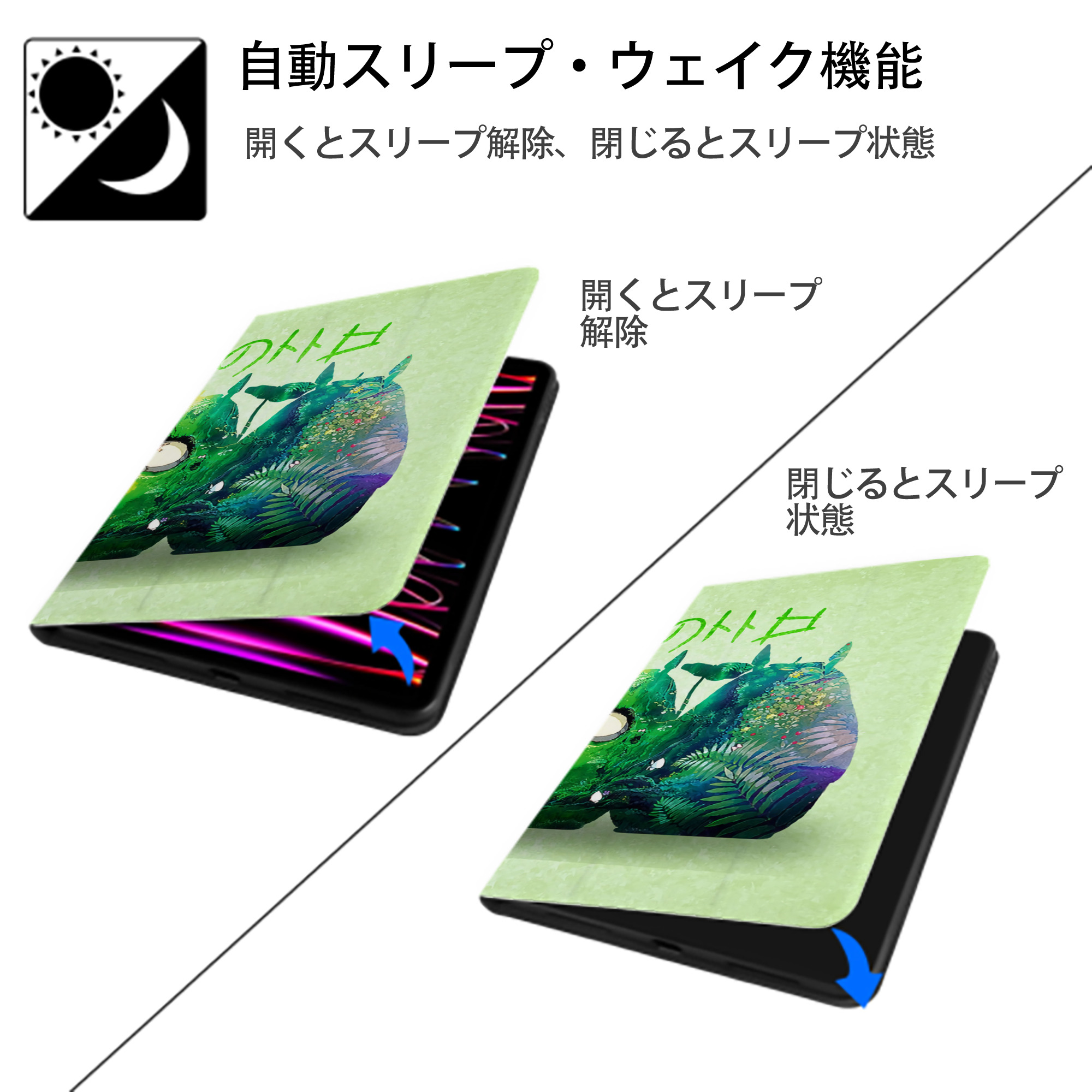となりのトトロ 草壁メイ 草壁サツキ My Neighbor Totoro Satsuki Kusakabe Mei Kusakabe IPad ケース ブック型 PUレザー TPU 耐衝撃 軽量 薄型 ペン収納なし 全面保護 IPad 各モデル対応