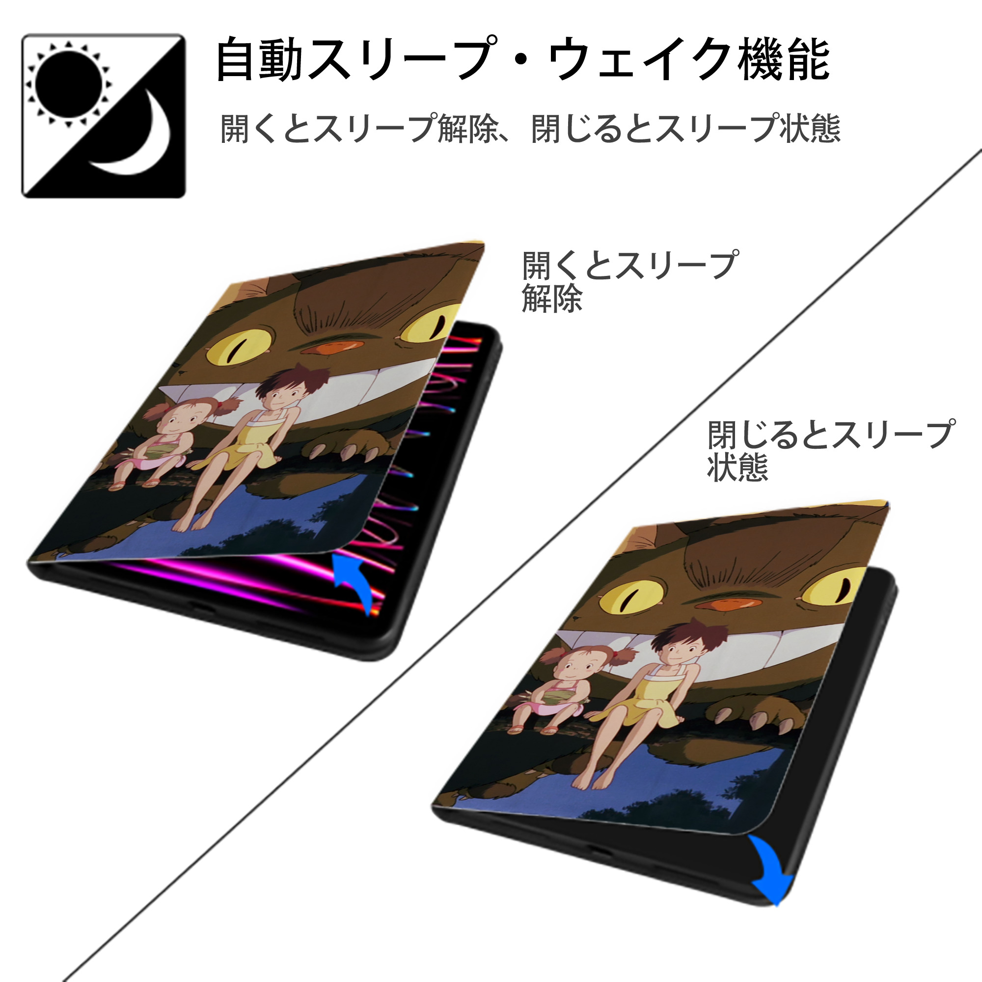 となりのトトロ 草壁メイ 草壁サツキ My Neighbor Totoro Satsuki Kusakabe Mei Kusakabe IPad ケース ブック型 PUレザー TPU 耐衝撃 軽量 薄型 ペン収納なし 全面保護 IPad 各モデル対応