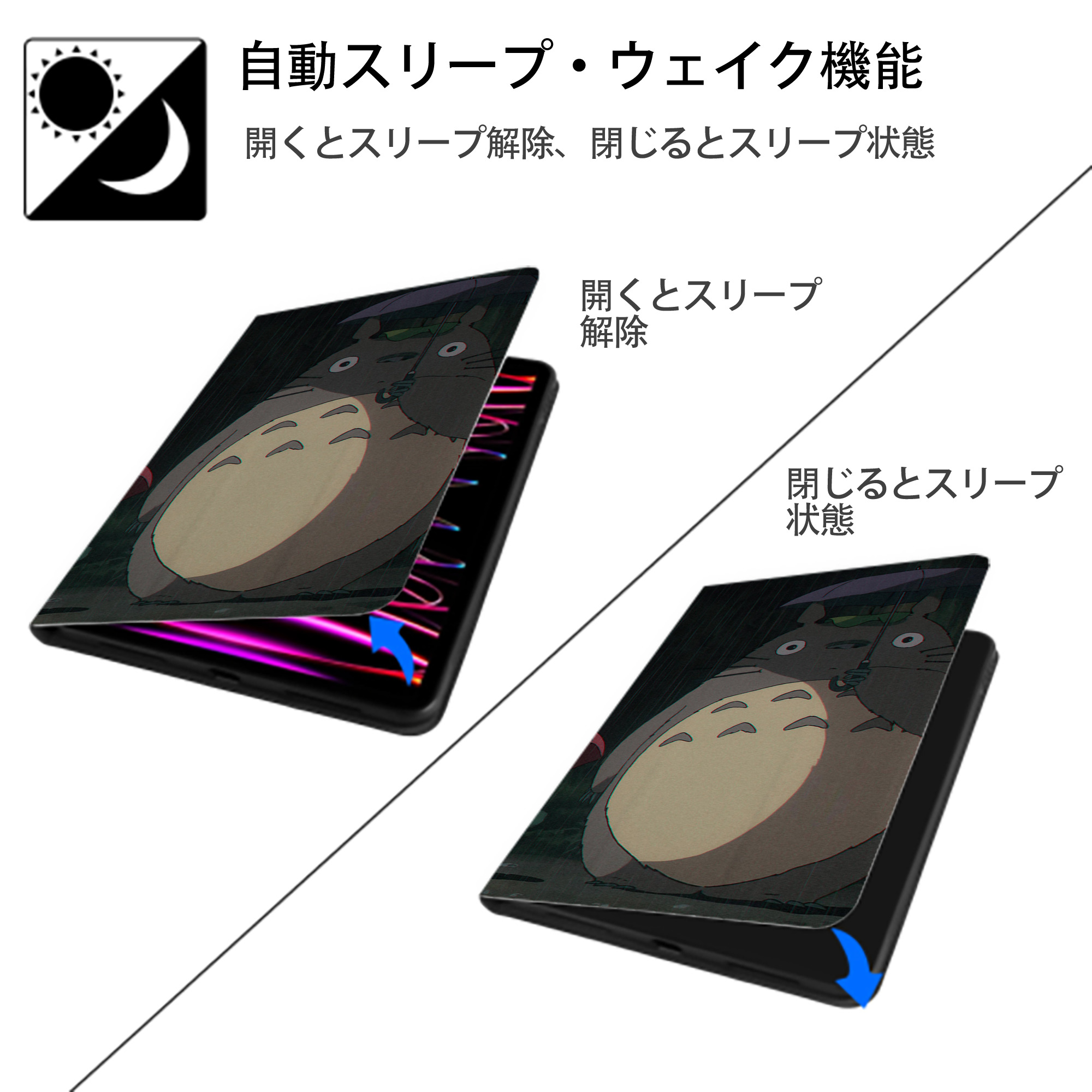 となりのトトロ 草壁メイ 草壁サツキ My Neighbor Totoro Satsuki Kusakabe Mei Kusakabe IPad ケース ブック型 PUレザー TPU 耐衝撃 軽量 薄型 ペン収納なし 全面保護 IPad 各モデル対応