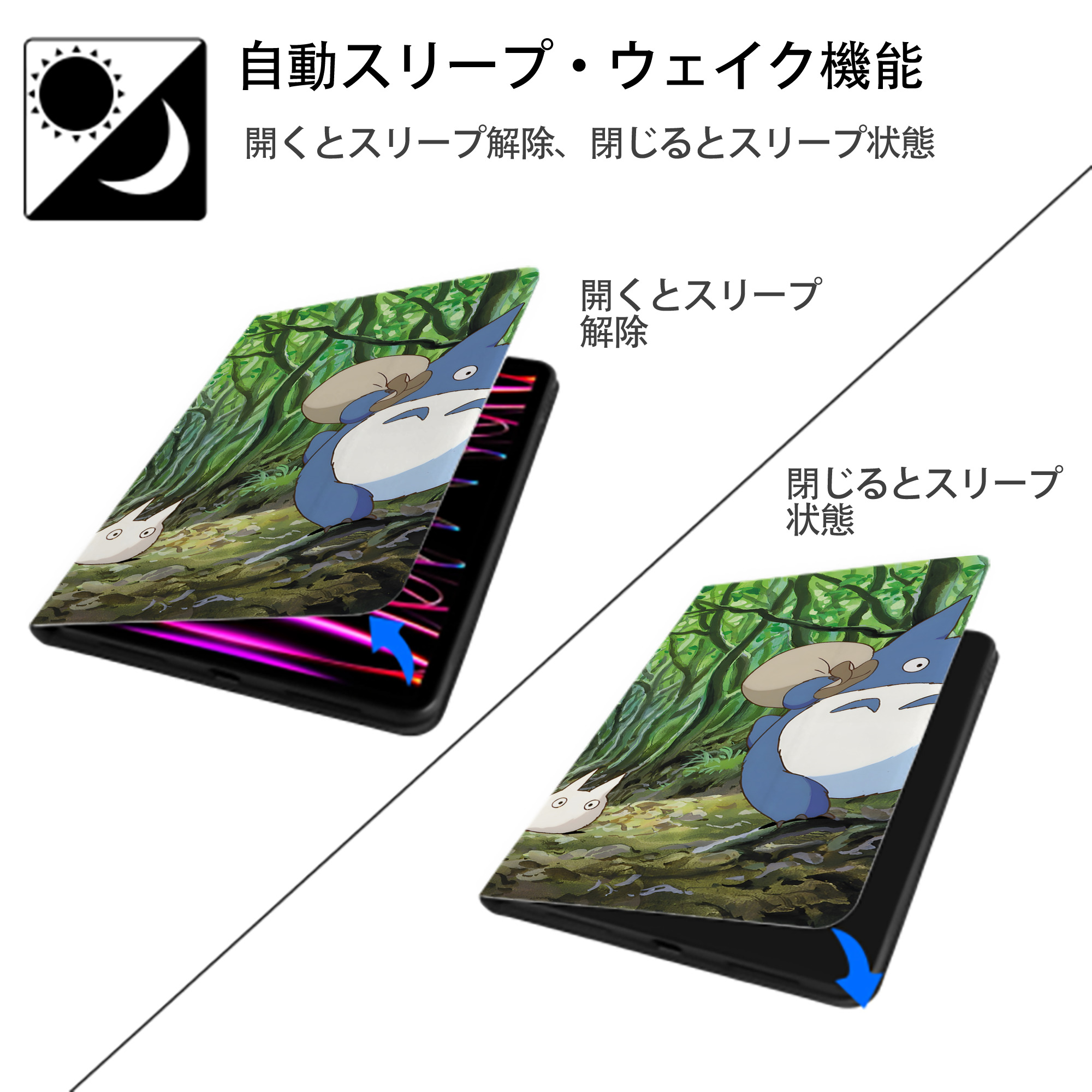 となりのトトロ 草壁メイ 草壁サツキ My Neighbor Totoro Satsuki Kusakabe Mei Kusakabe IPad ケース ブック型 PUレザー TPU 耐衝撃 軽量 薄型 ペン収納なし 全面保護 IPad 各モデル対応