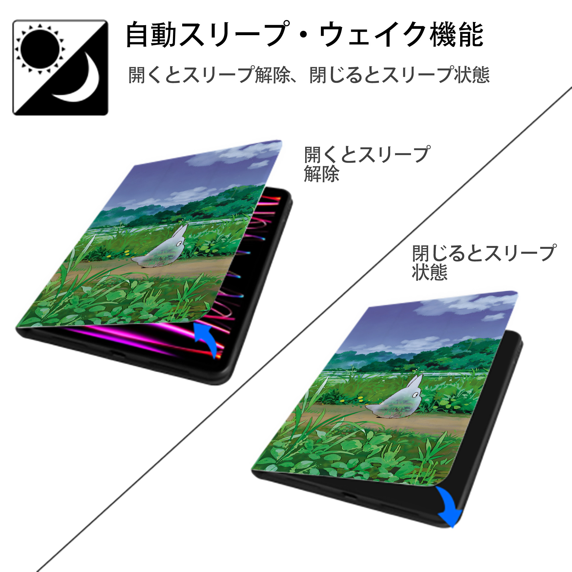 となりのトトロ 草壁メイ 草壁サツキ My Neighbor Totoro Satsuki Kusakabe Mei Kusakabe IPad ケース ブック型 PUレザー TPU 耐衝撃 軽量 薄型 ペン収納なし 全面保護 IPad 各モデル対応
