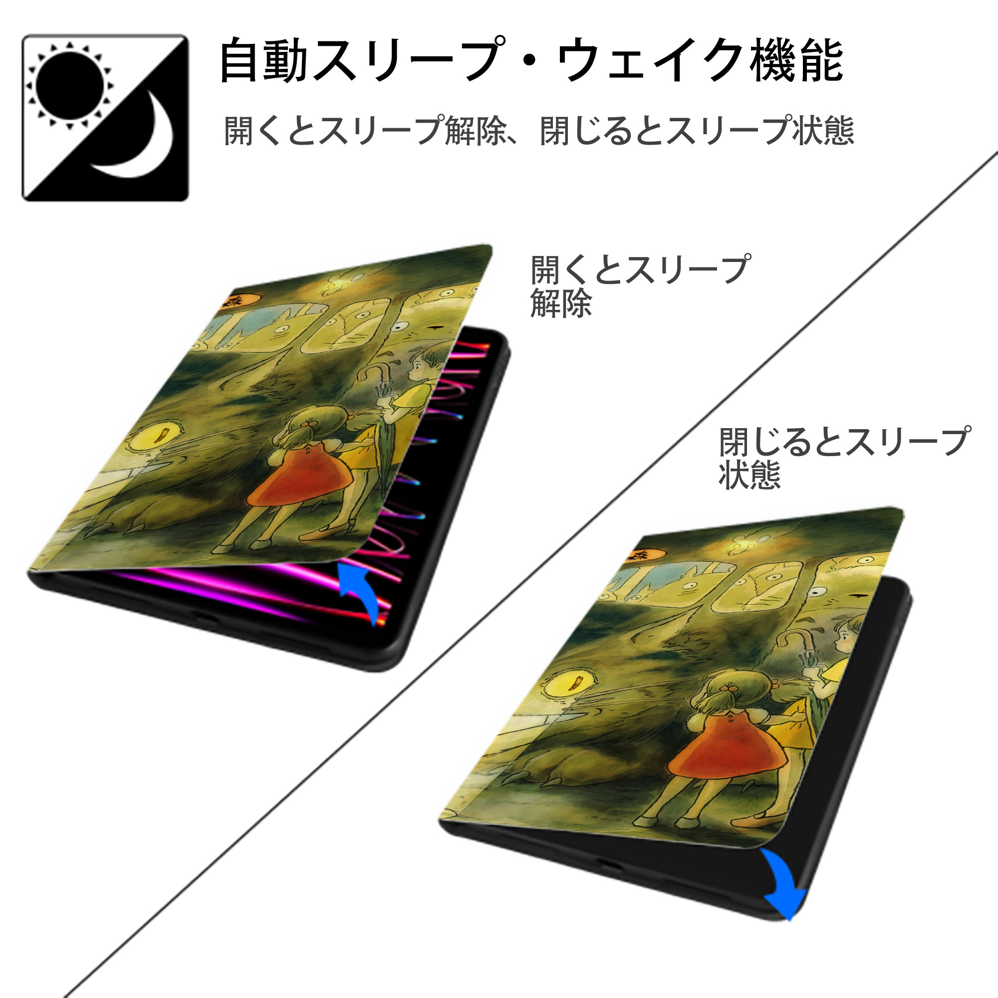 となりのトトロ 草壁メイ 草壁サツキ My Neighbor Totoro Satsuki Kusakabe Mei Kusakabe IPad ケース ブック型 PUレザー TPU 耐衝撃 軽量 薄型 ペン収納なし 全面保護 IPad 各モデル対応