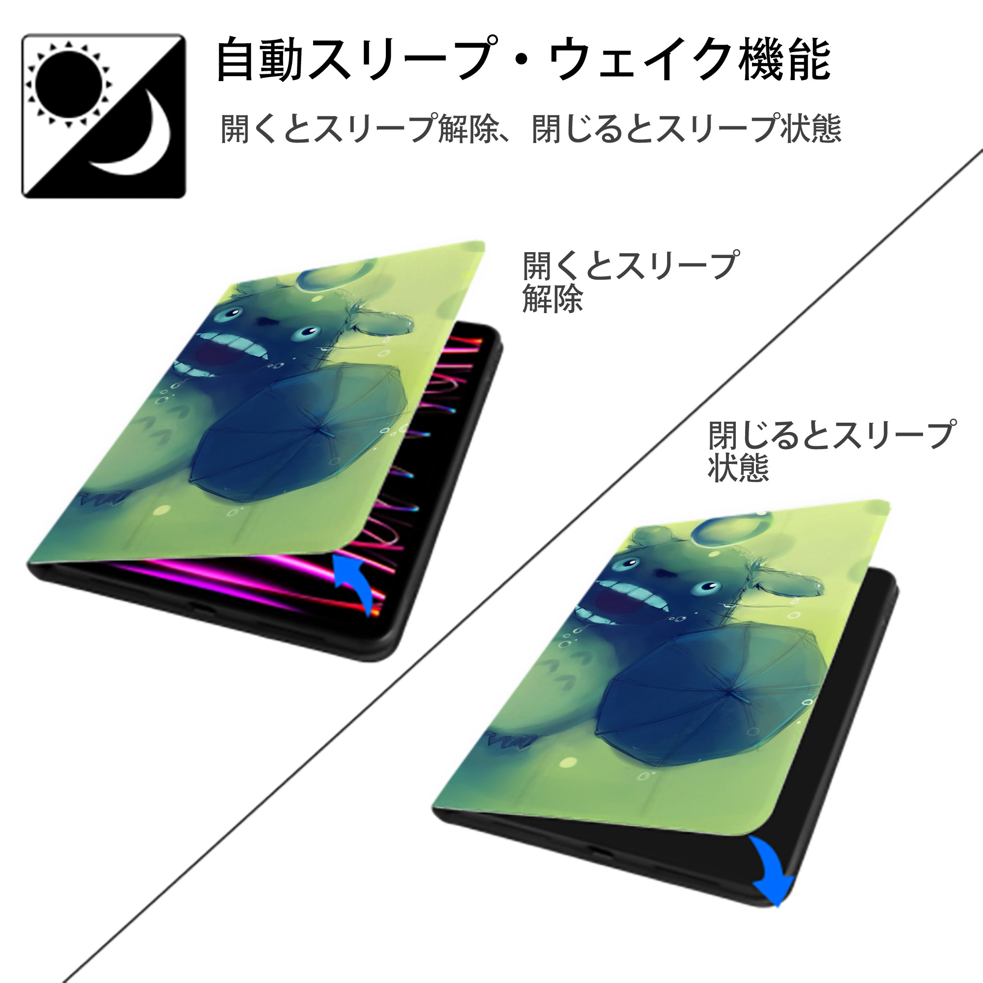 となりのトトロ 草壁メイ 草壁サツキ My Neighbor Totoro Satsuki Kusakabe Mei Kusakabe IPad ケース ブック型 PUレザー TPU 耐衝撃 軽量 薄型 ペン収納なし 全面保護 IPad 各モデル対応