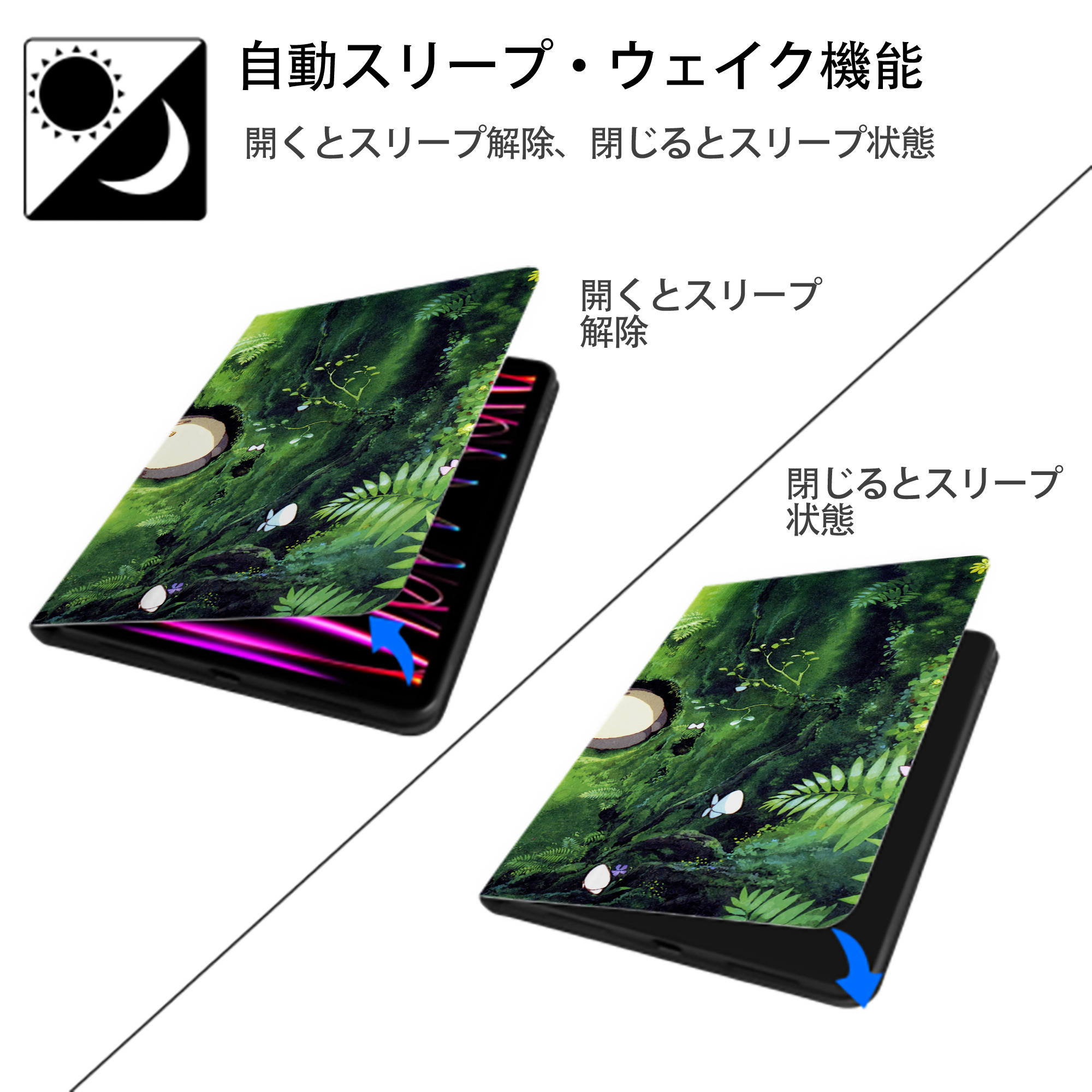 となりのトトロ 草壁メイ 草壁サツキ My Neighbor Totoro Satsuki Kusakabe Mei Kusakabe IPad ケース ブック型 PUレザー TPU 耐衝撃 軽量 薄型 ペン収納なし 全面保護 IPad 各モデル対応