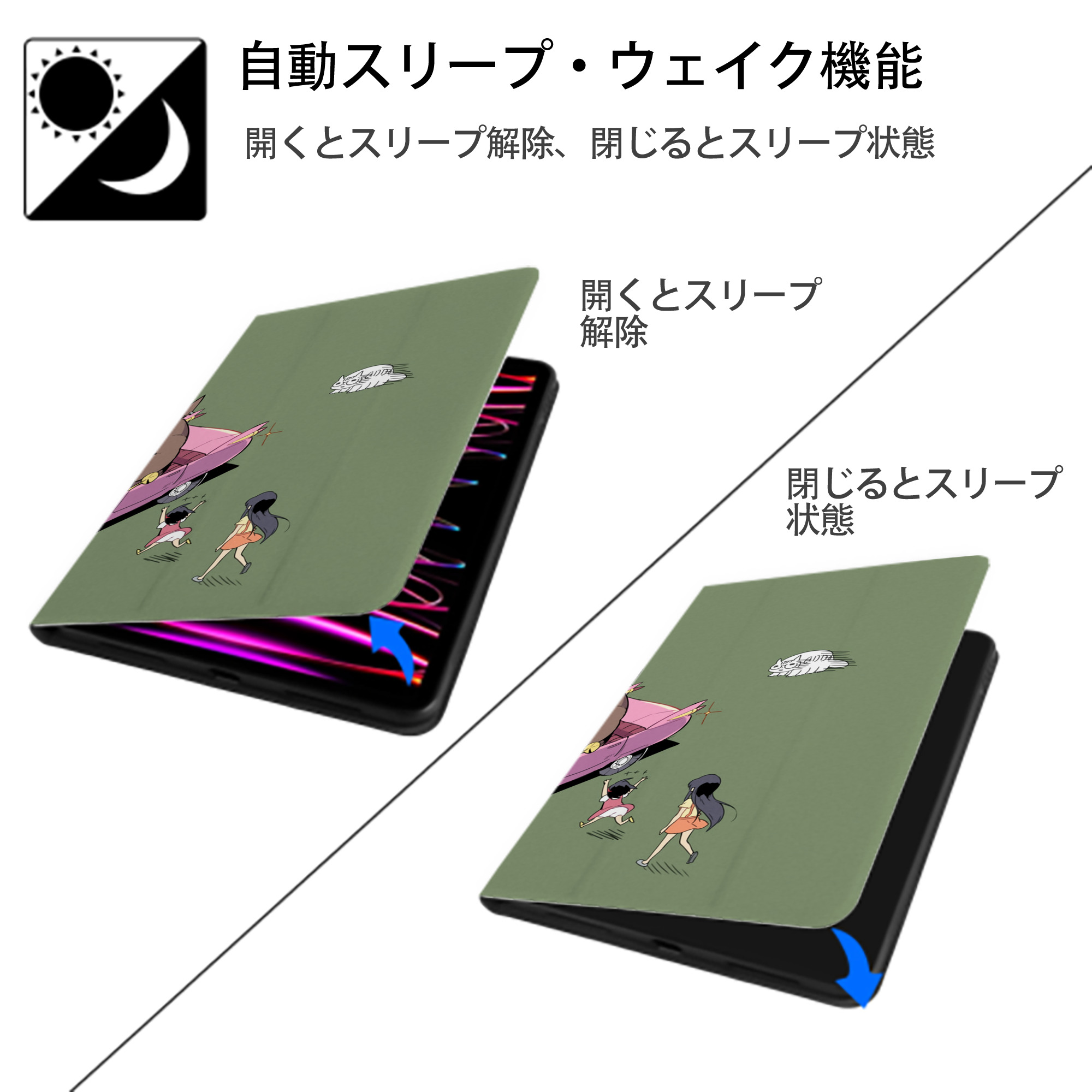 となりのトトロ 草壁メイ 草壁サツキ My Neighbor Totoro Satsuki Kusakabe Mei Kusakabe IPad ケース ブック型 PUレザー TPU 耐衝撃 軽量 薄型 ペン収納なし 全面保護 IPad 各モデル対応