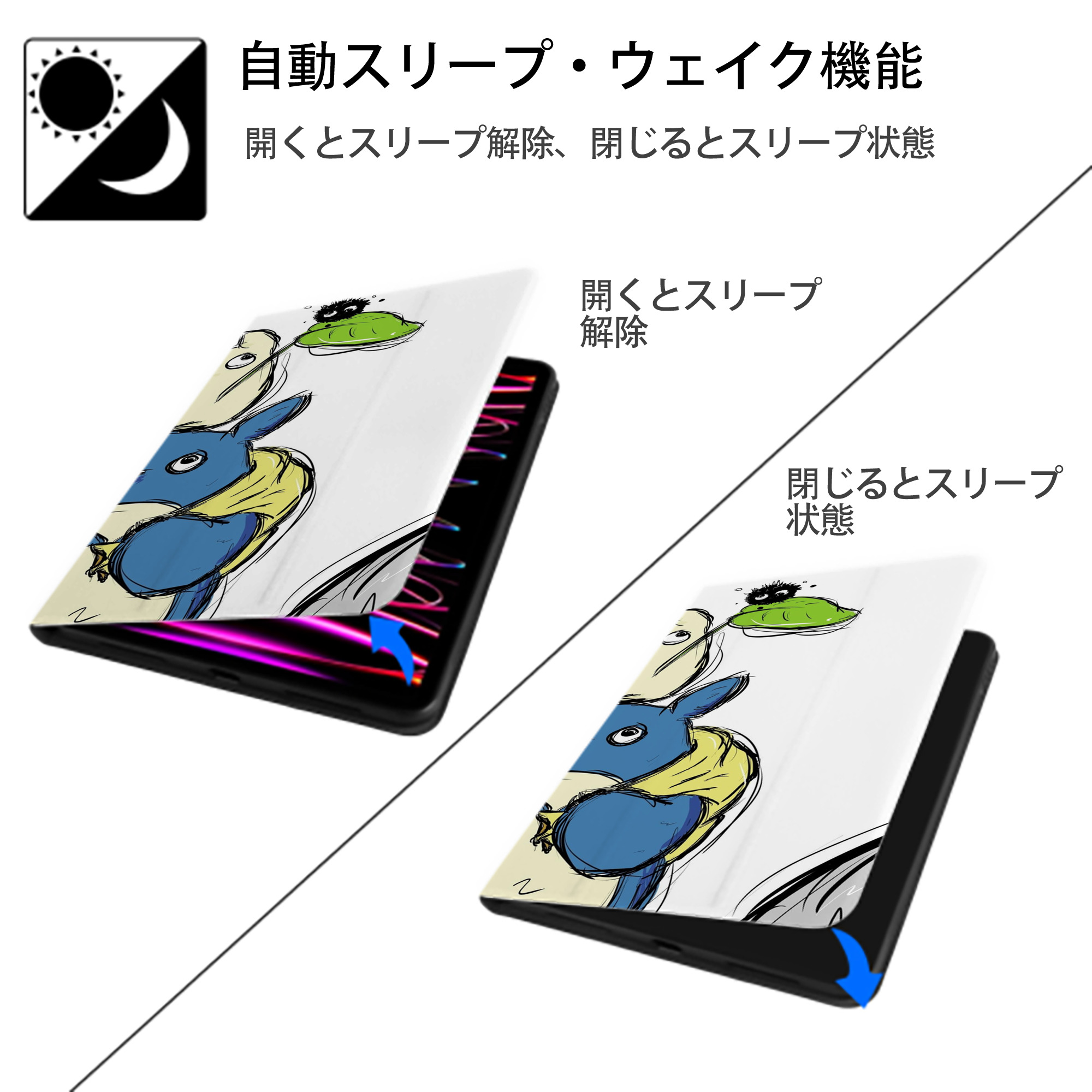 となりのトトロ 草壁メイ 草壁サツキ My Neighbor Totoro Satsuki Kusakabe Mei Kusakabe IPad ケース ブック型 PUレザー TPU 耐衝撃 軽量 薄型 ペン収納なし 全面保護 IPad 各モデル対応