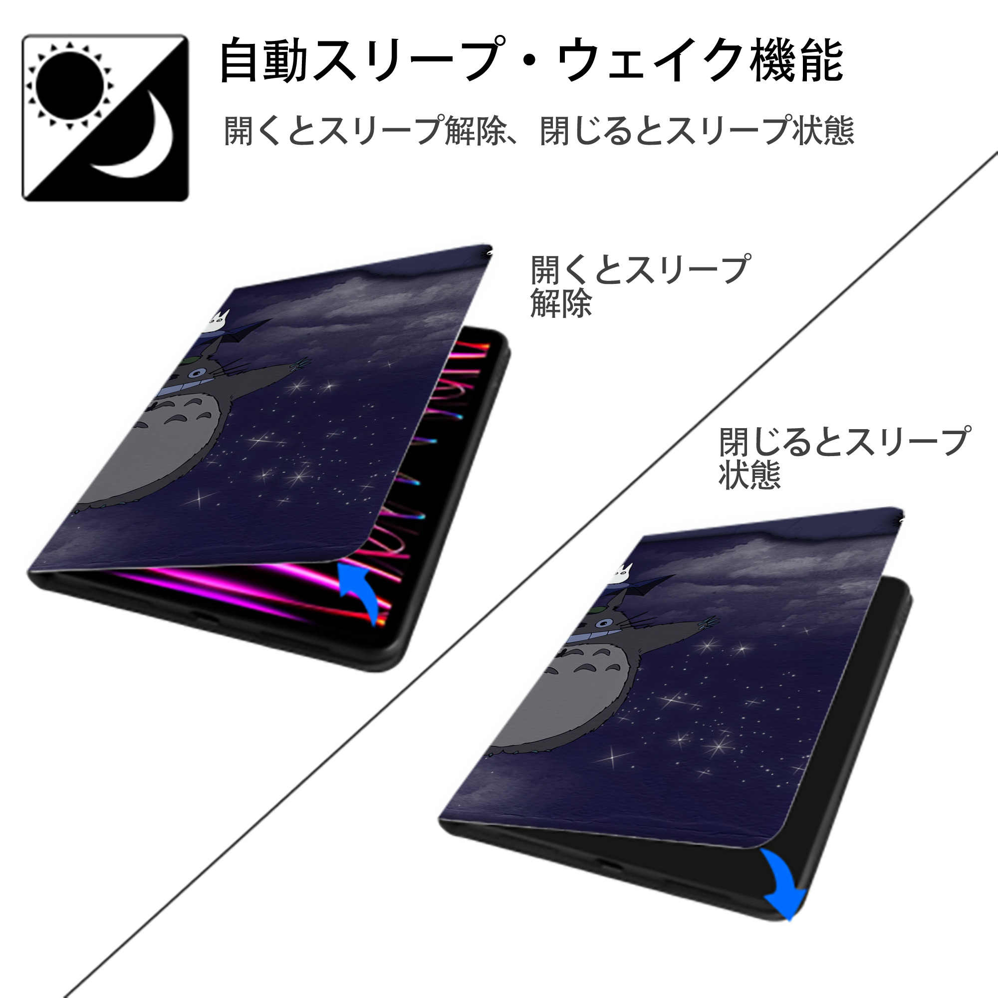となりのトトロ 草壁メイ 草壁サツキ My Neighbor Totoro Satsuki Kusakabe Mei Kusakabe IPad ケース ブック型 PUレザー TPU 耐衝撃 軽量 薄型 ペン収納なし 全面保護 IPad 各モデル対応