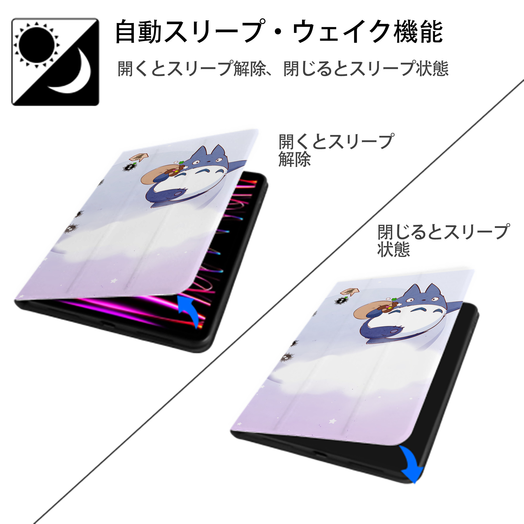 となりのトトロ 草壁メイ 草壁サツキ My Neighbor Totoro Satsuki Kusakabe Mei Kusakabe IPad ケース ブック型 PUレザー TPU 耐衝撃 軽量 薄型 ペン収納なし 全面保護 IPad 各モデル対応