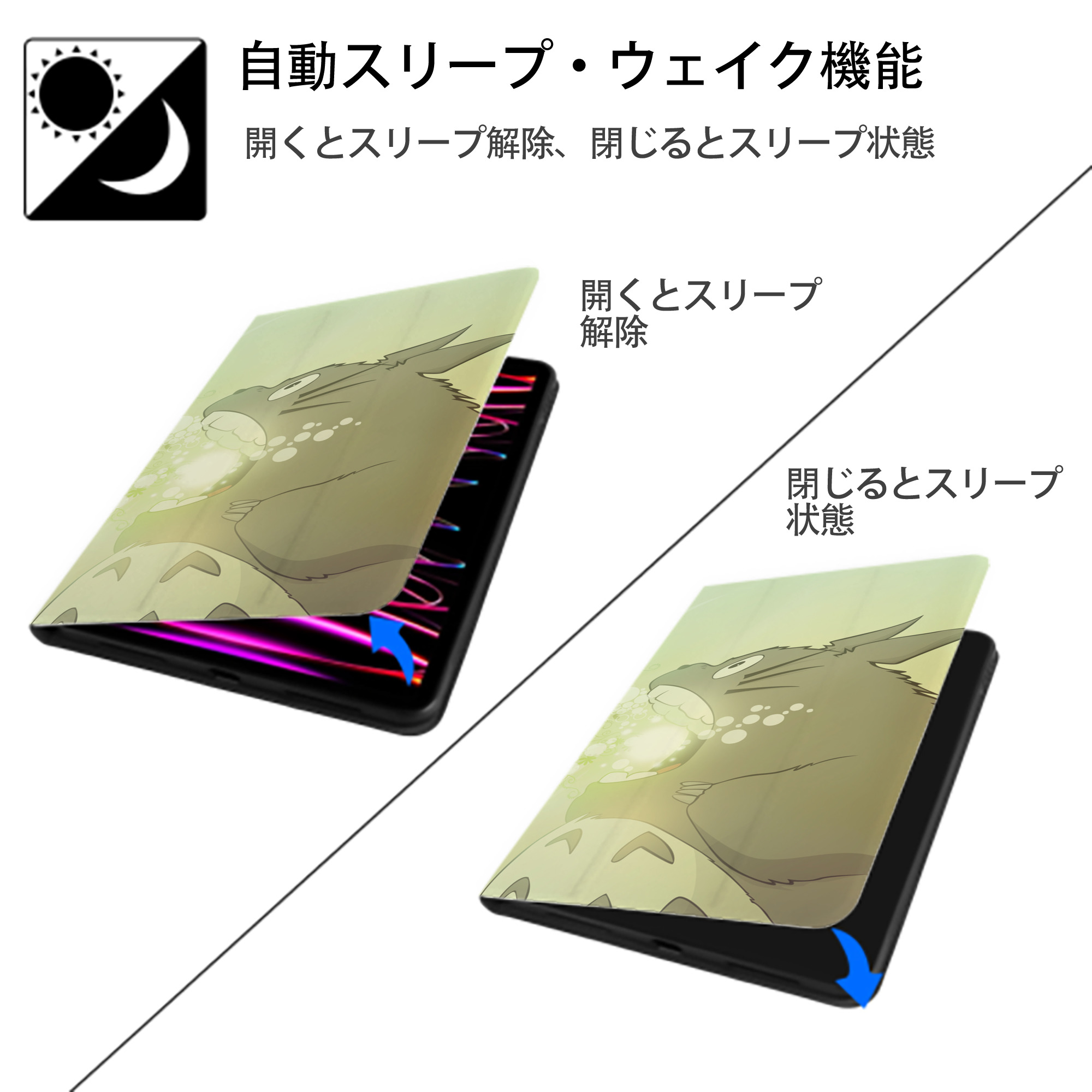 となりのトトロ 草壁メイ 草壁サツキ My Neighbor Totoro Satsuki Kusakabe Mei Kusakabe IPad ケース ブック型 PUレザー TPU 耐衝撃 軽量 薄型 ペン収納なし 全面保護 IPad 各モデル対応
