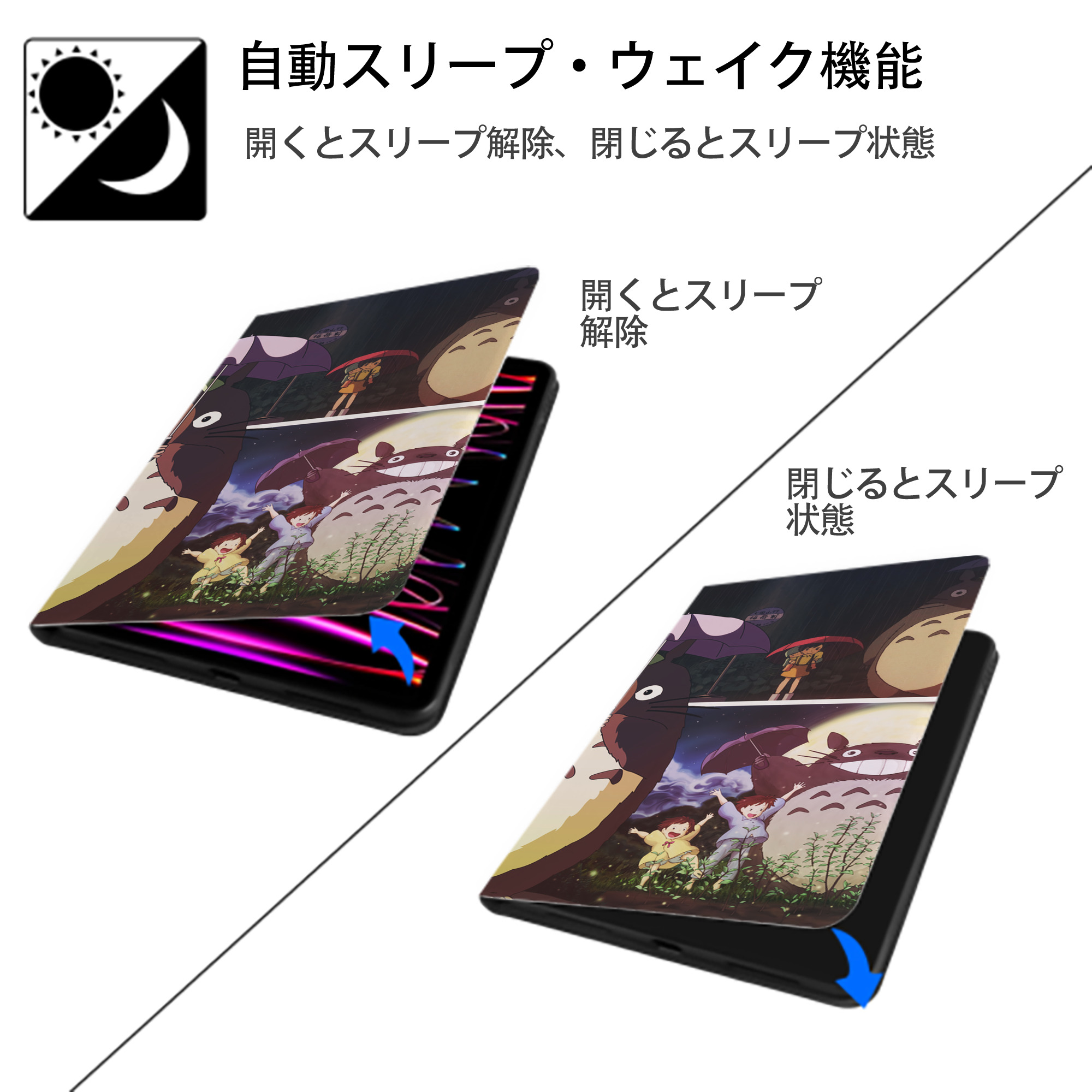 となりのトトロ 草壁メイ 草壁サツキ My Neighbor Totoro Satsuki Kusakabe Mei Kusakabe IPad ケース ブック型 PUレザー TPU 耐衝撃 軽量 薄型 ペン収納なし 全面保護 IPad 各モデル対応