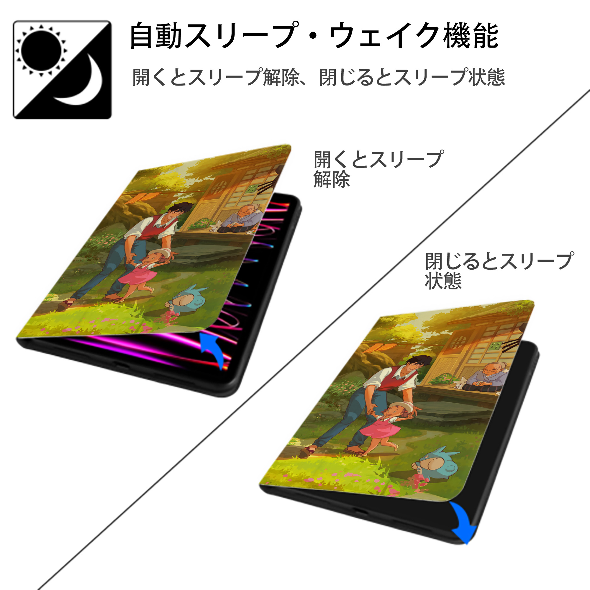 となりのトトロ 草壁メイ 草壁サツキ My Neighbor Totoro Satsuki Kusakabe Mei Kusakabe IPad ケース ブック型 PUレザー TPU 耐衝撃 軽量 薄型 ペン収納なし 全面保護 IPad 各モデル対応