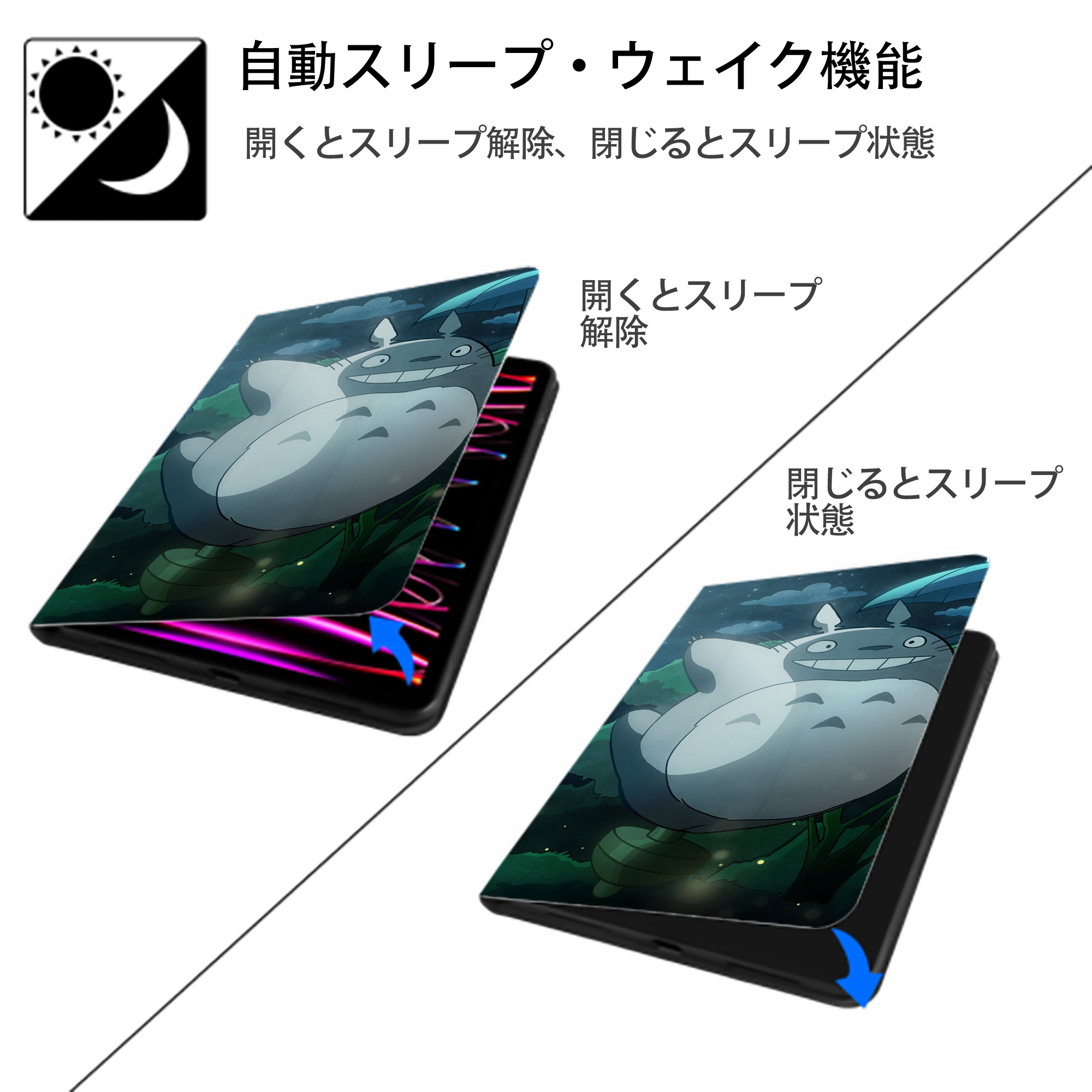 となりのトトロ 草壁メイ 草壁サツキ My Neighbor Totoro Satsuki Kusakabe Mei Kusakabe IPad ケース ブック型 PUレザー TPU 耐衝撃 軽量 薄型 ペン収納なし 全面保護 IPad 各モデル対応