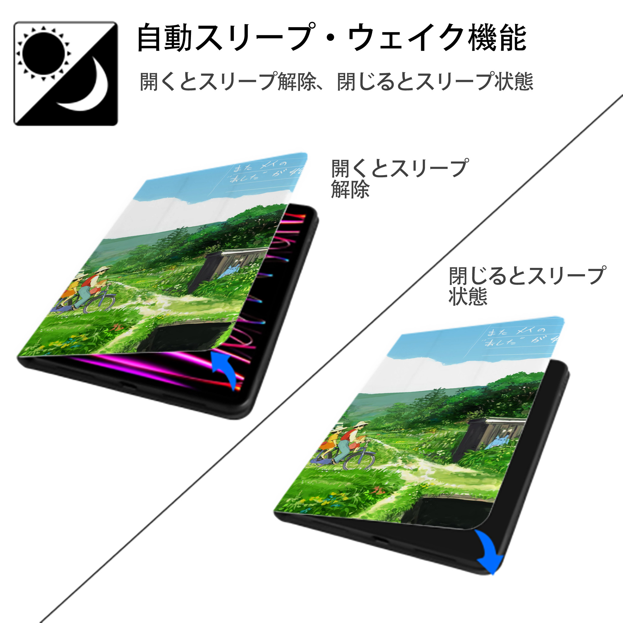 となりのトトロ 草壁メイ 草壁サツキ My Neighbor Totoro Satsuki Kusakabe Mei Kusakabe IPad ケース ブック型 PUレザー TPU 耐衝撃 軽量 薄型 ペン収納なし 全面保護 IPad 各モデル対応