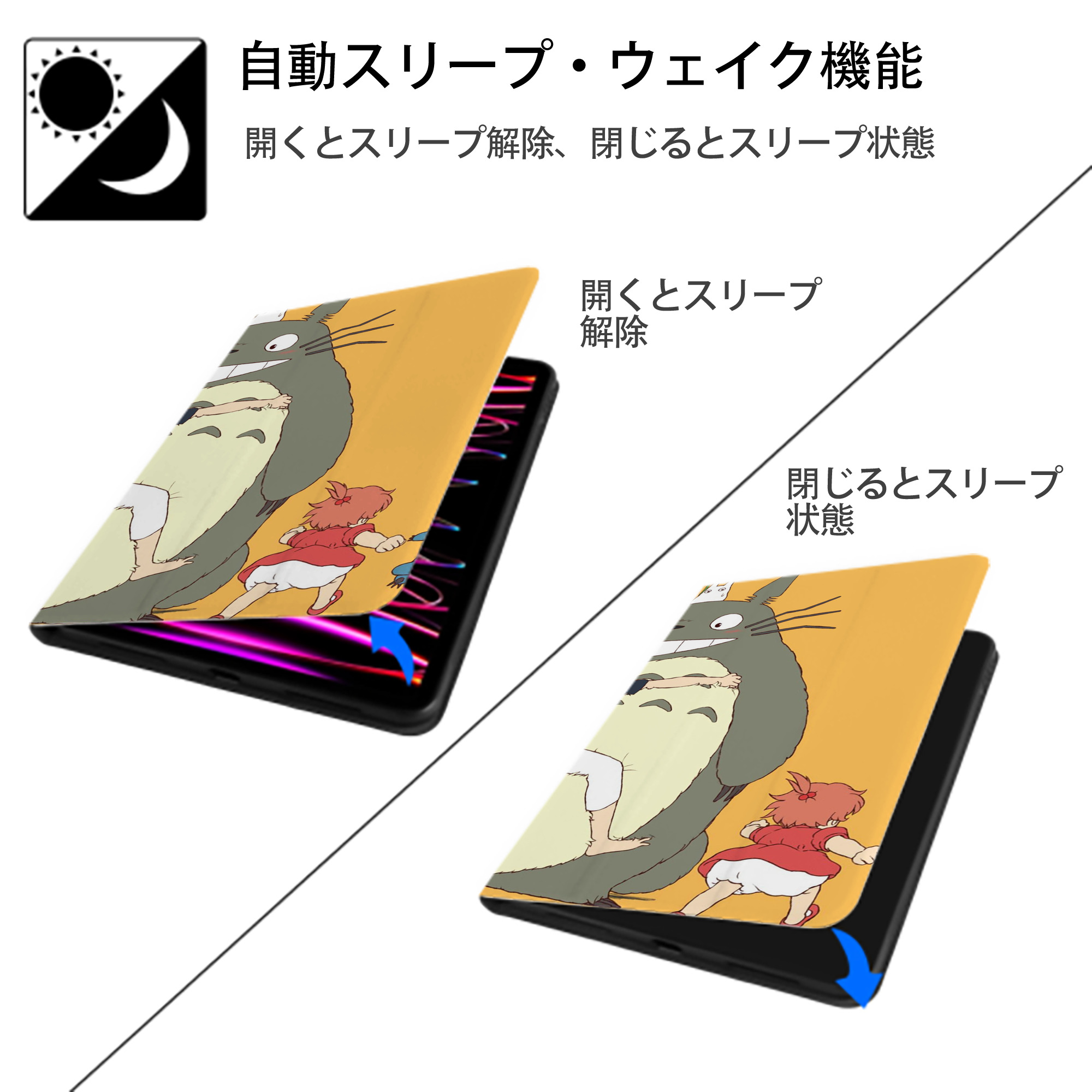 となりのトトロ 草壁メイ 草壁サツキ My Neighbor Totoro Satsuki Kusakabe Mei Kusakabe IPad ケース ブック型 PUレザー TPU 耐衝撃 軽量 薄型 ペン収納なし 全面保護 IPad 各モデル対応