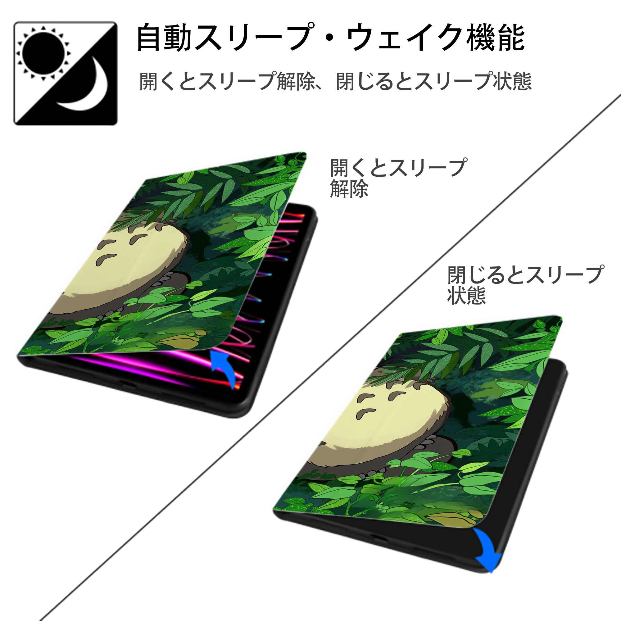 となりのトトロ 草壁メイ 草壁サツキ My Neighbor Totoro Satsuki Kusakabe Mei Kusakabe IPad ケース ブック型 PUレザー TPU 耐衝撃 軽量 薄型 ペン収納なし 全面保護 IPad 各モデル対応