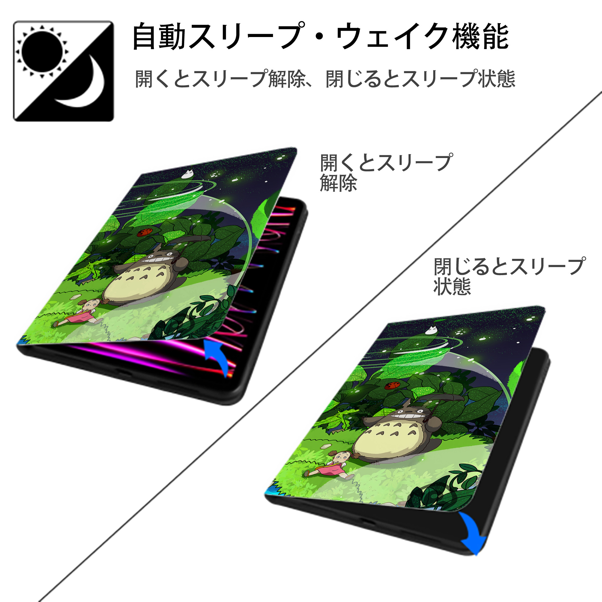 となりのトトロ 草壁メイ 草壁サツキ My Neighbor Totoro Satsuki Kusakabe Mei Kusakabe IPad ケース ブック型 PUレザー TPU 耐衝撃 軽量 薄型 ペン収納なし 全面保護 IPad 各モデル対応