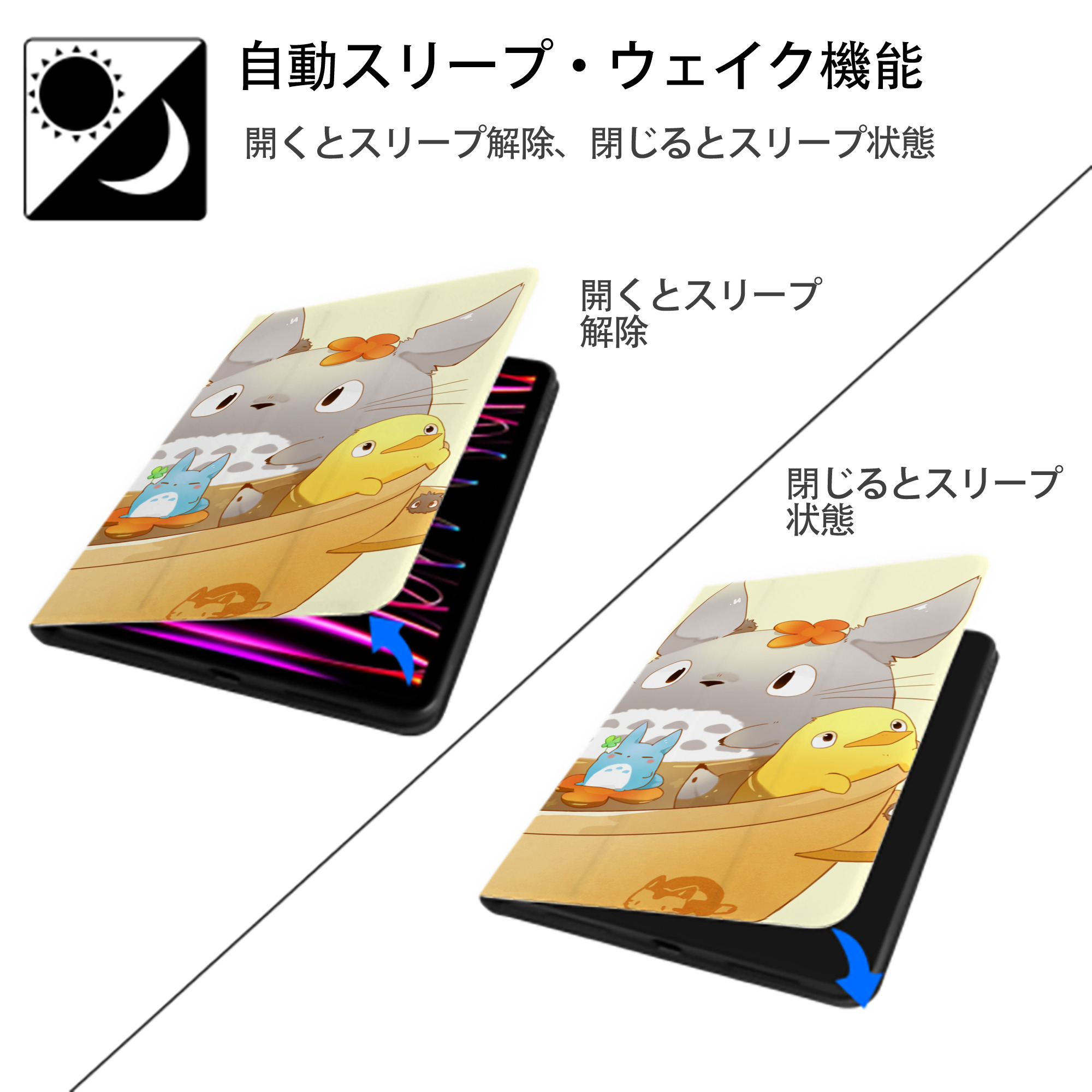 となりのトトロ 草壁メイ 草壁サツキ My Neighbor Totoro Satsuki Kusakabe Mei Kusakabe IPad ケース ブック型 PUレザー TPU 耐衝撃 軽量 薄型 ペン収納なし 全面保護 IPad 各モデル対応