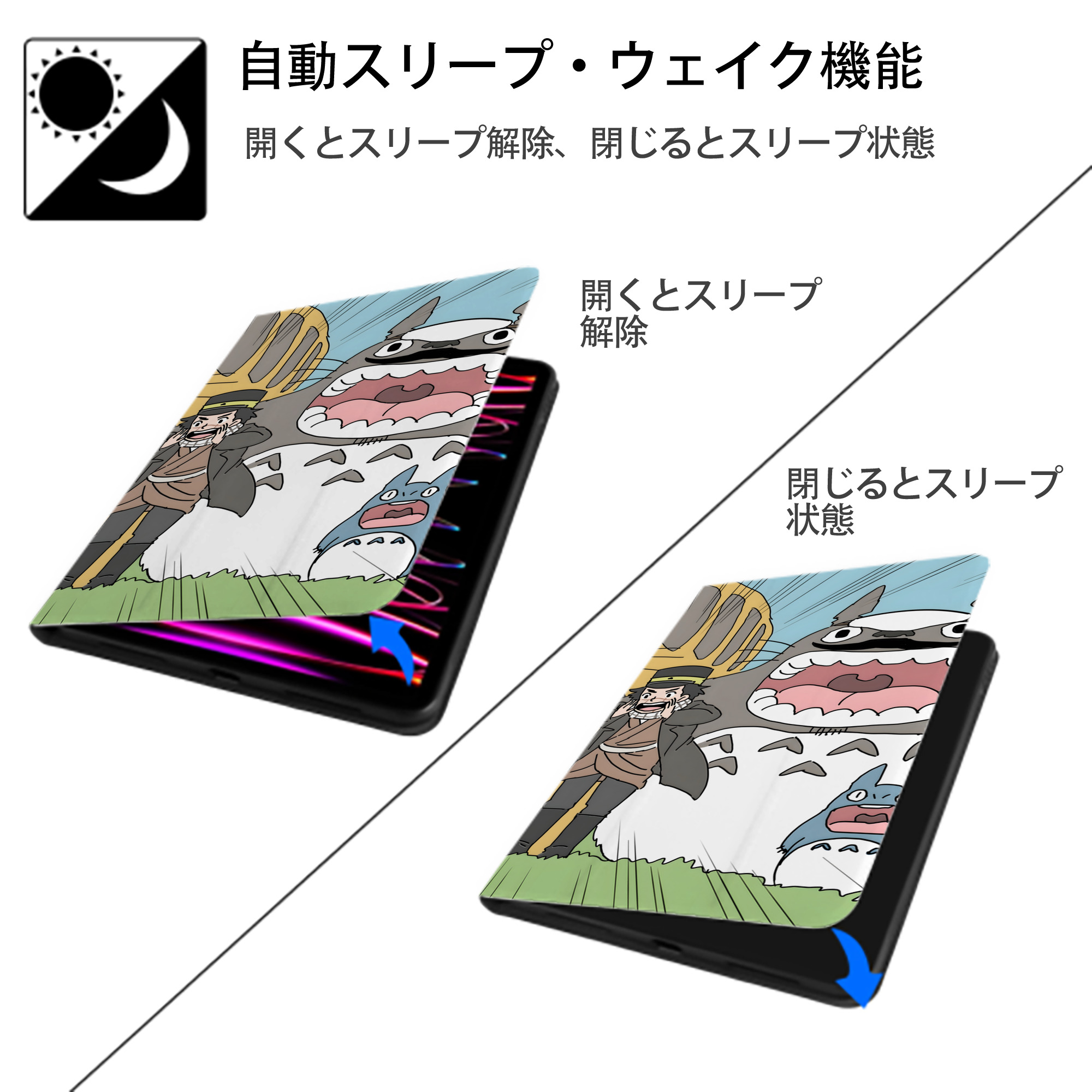 となりのトトロ 草壁メイ 草壁サツキ My Neighbor Totoro Satsuki Kusakabe Mei Kusakabe IPad ケース ブック型 PUレザー TPU 耐衝撃 軽量 薄型 ペン収納なし 全面保護 IPad 各モデル対応