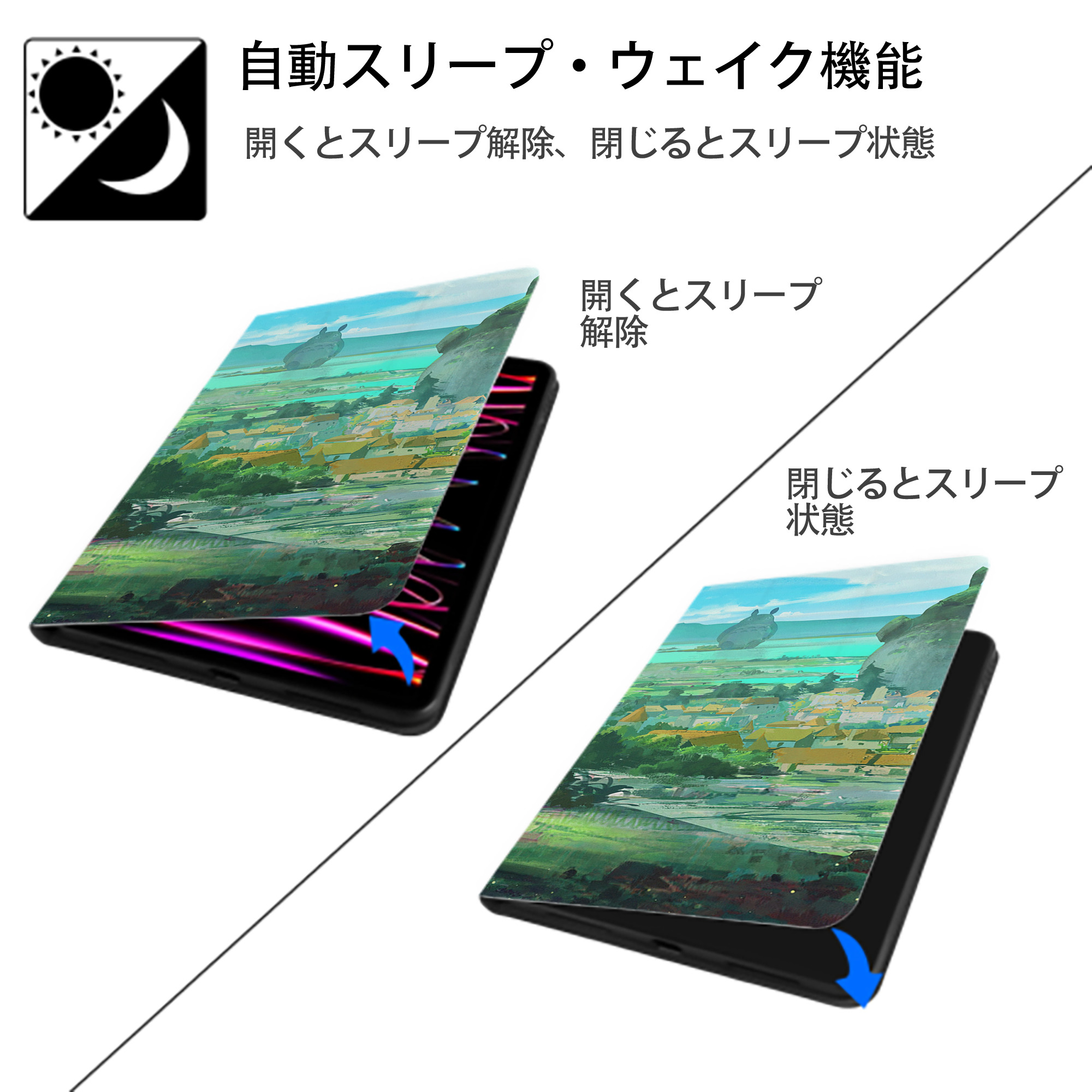 となりのトトロ 草壁メイ 草壁サツキ My Neighbor Totoro Satsuki Kusakabe Mei Kusakabe IPad ケース ブック型 PUレザー TPU 耐衝撃 軽量 薄型 ペン収納なし 全面保護 IPad 各モデル対応
