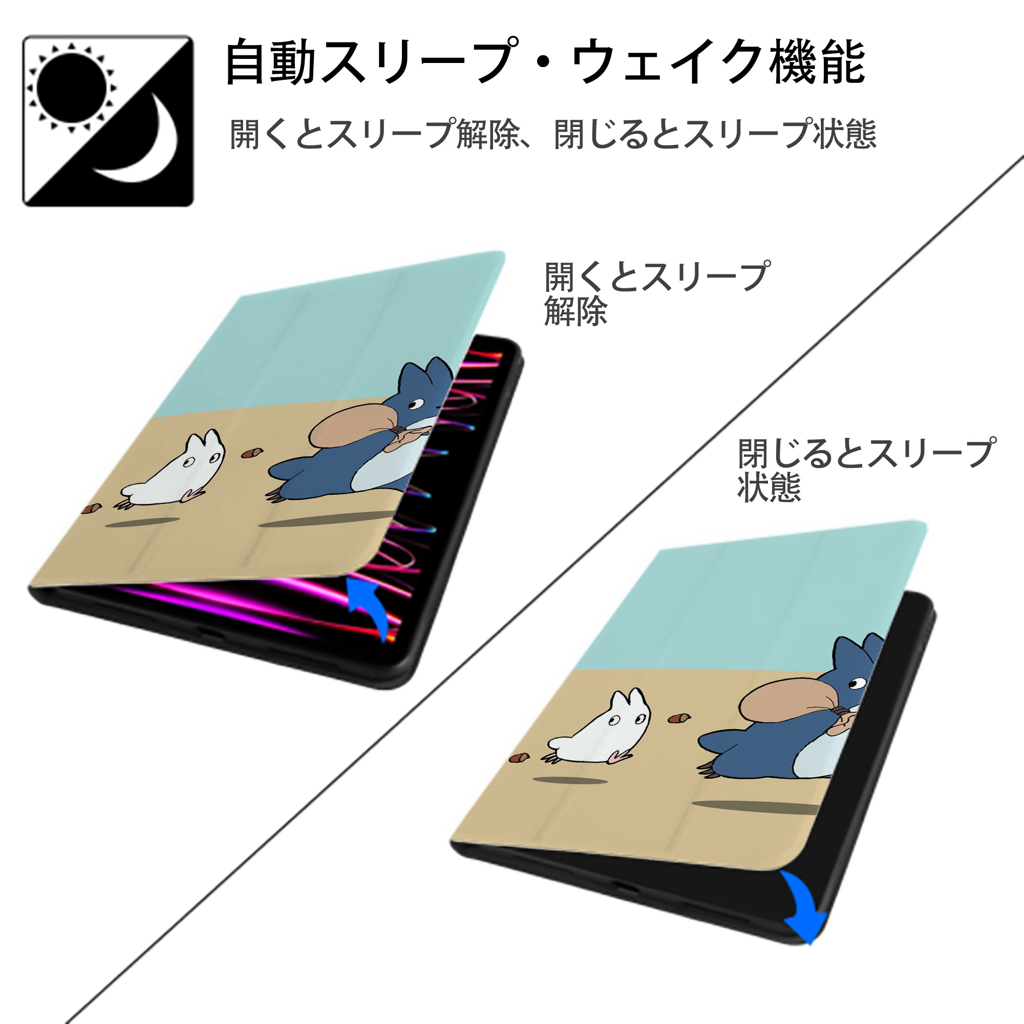 となりのトトロ 草壁メイ 草壁サツキ My Neighbor Totoro Satsuki Kusakabe Mei Kusakabe IPad ケース ブック型 PUレザー TPU 耐衝撃 軽量 薄型 ペン収納なし 全面保護 IPad 各モデル対応