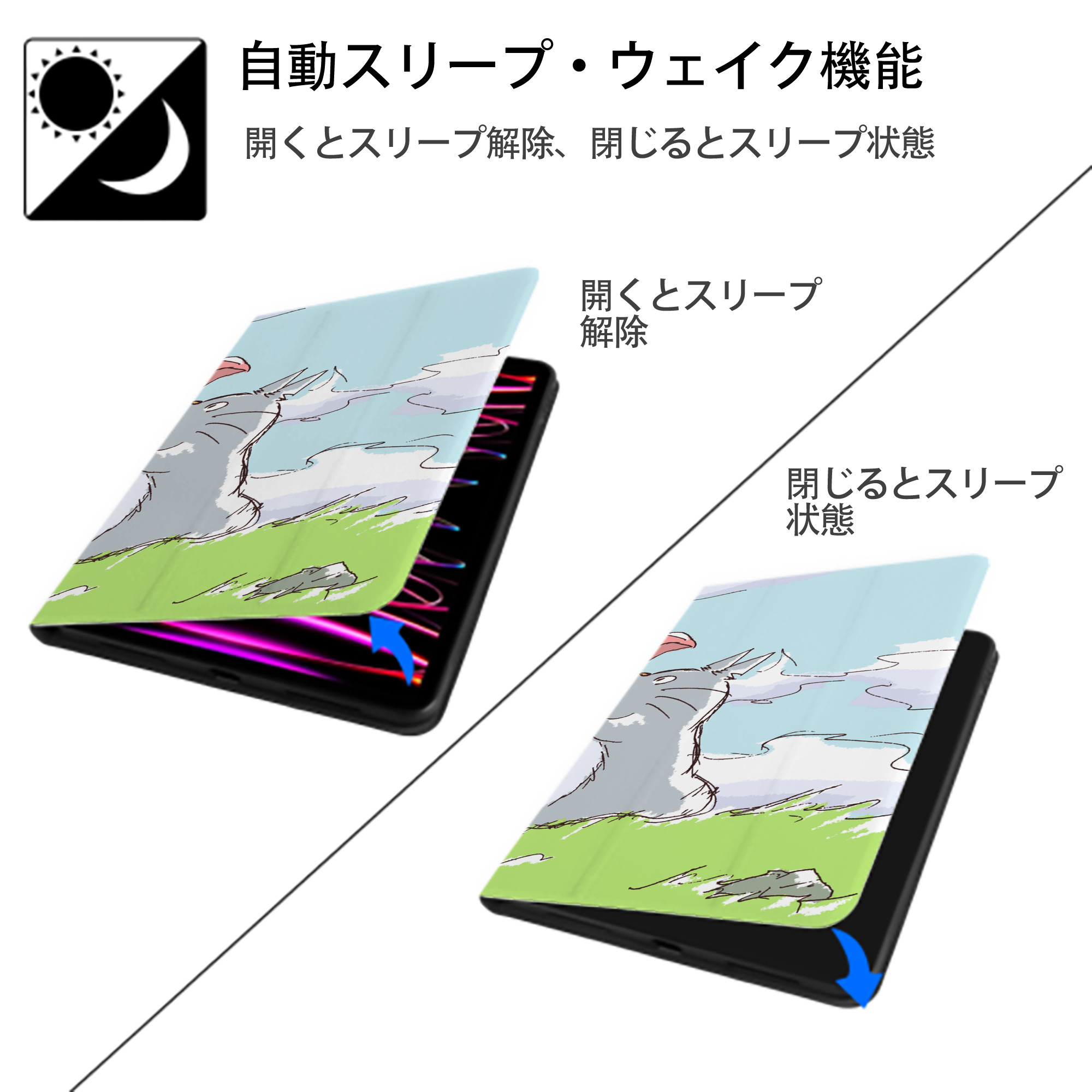 となりのトトロ 草壁メイ 草壁サツキ My Neighbor Totoro Satsuki Kusakabe Mei Kusakabe IPad ケース ブック型 PUレザー TPU 耐衝撃 軽量 薄型 ペン収納なし 全面保護 IPad 各モデル対応