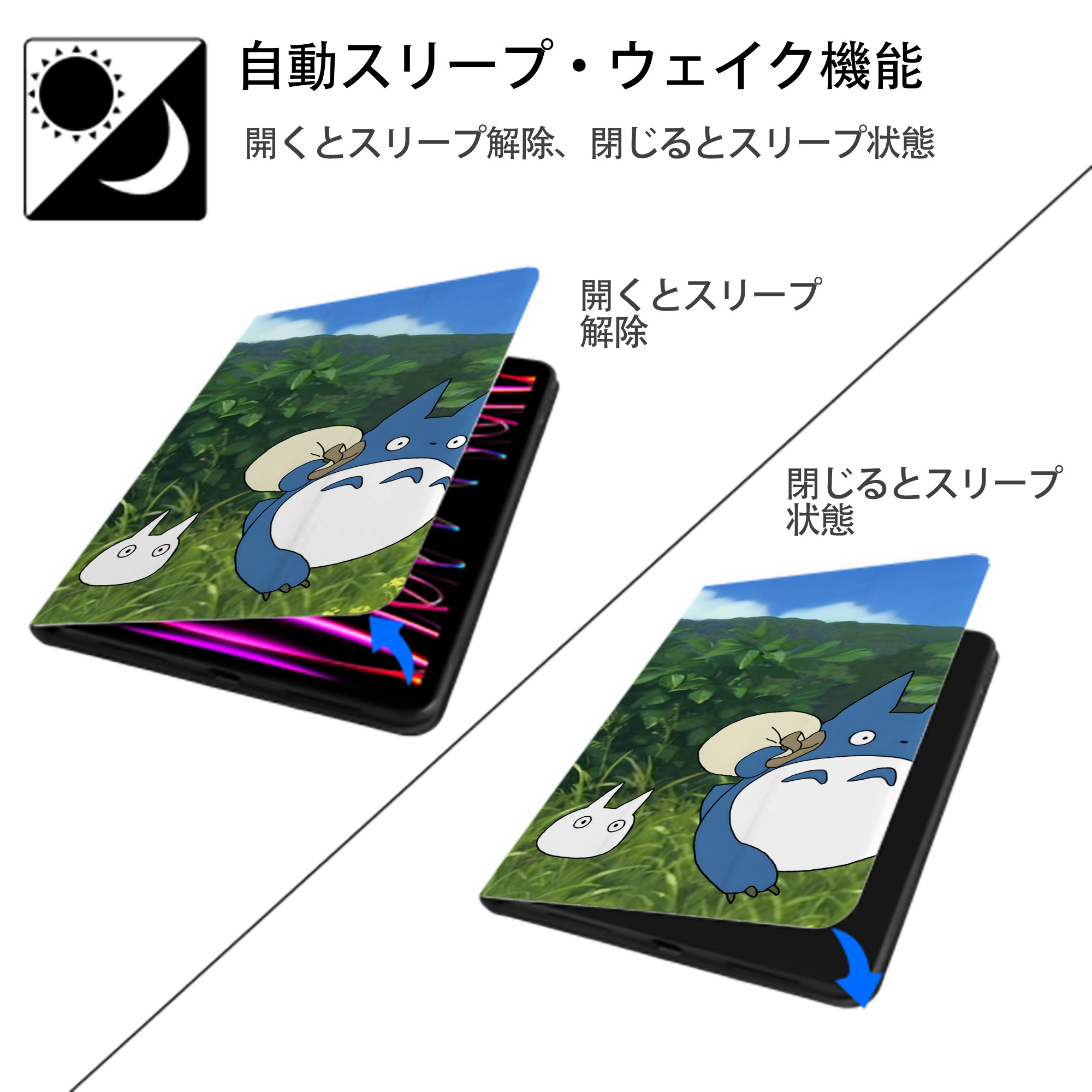となりのトトロ 草壁メイ 草壁サツキ My Neighbor Totoro Satsuki Kusakabe Mei Kusakabe IPad ケース ブック型 PUレザー TPU 耐衝撃 軽量 薄型 ペン収納なし 全面保護 IPad 各モデル対応