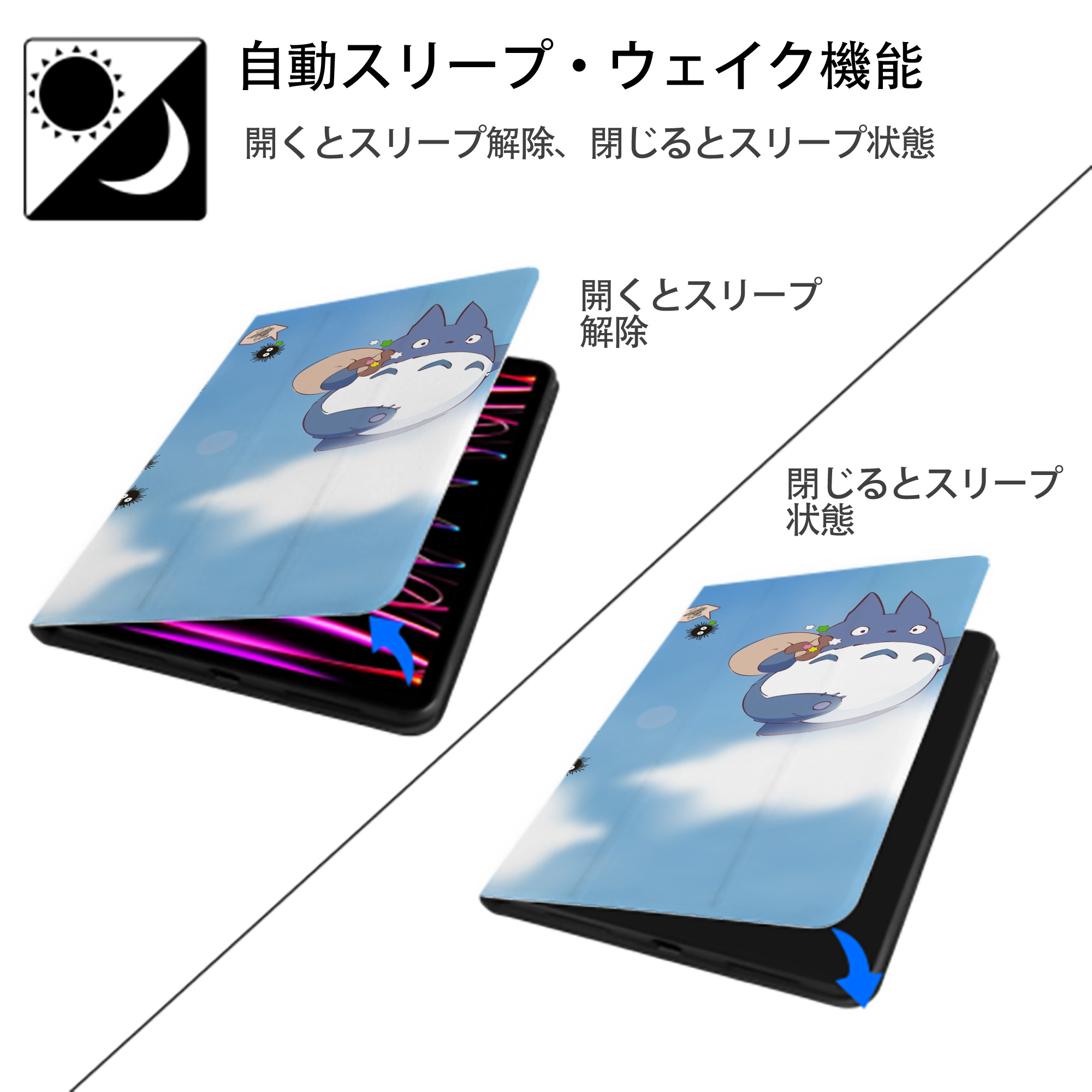 となりのトトロ 草壁メイ 草壁サツキ My Neighbor Totoro Satsuki Kusakabe Mei Kusakabe IPad ケース ブック型 PUレザー TPU 耐衝撃 軽量 薄型 ペン収納なし 全面保護 IPad 各モデル対応