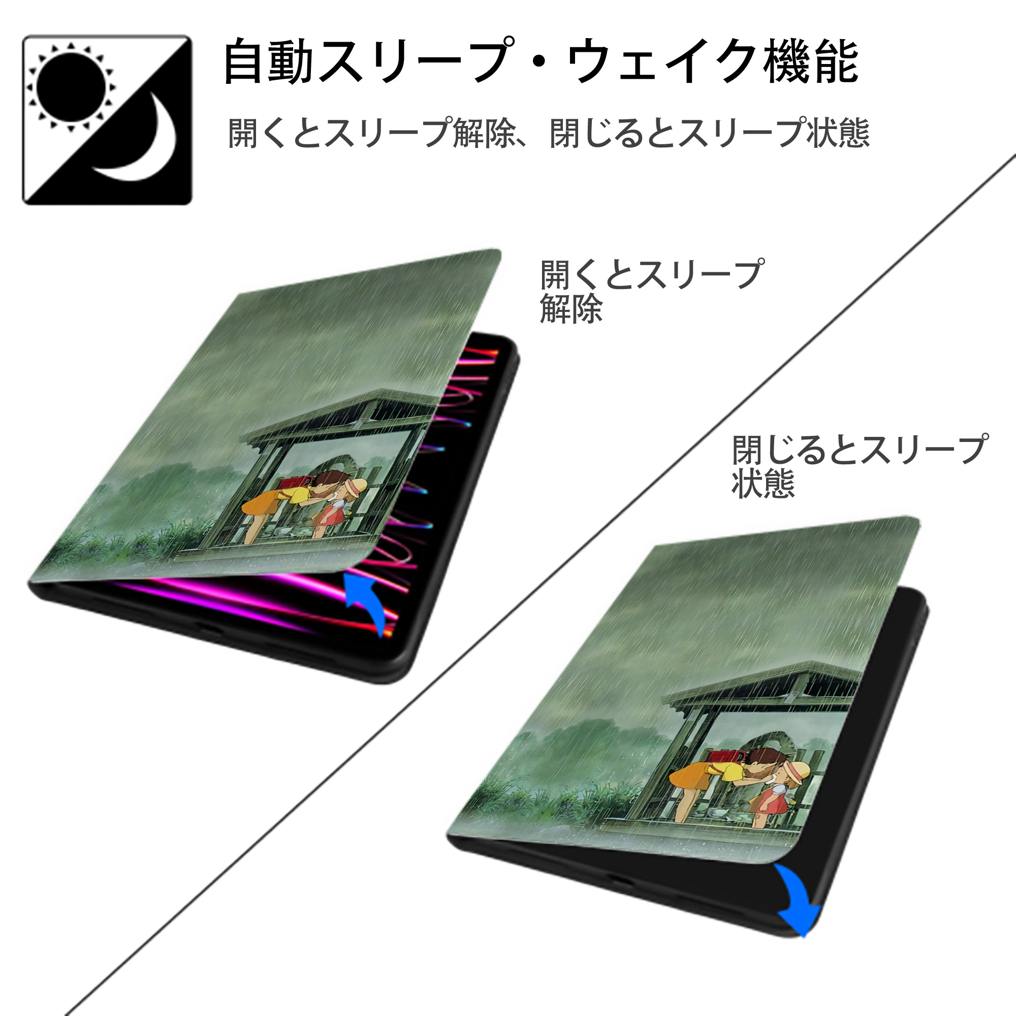 となりのトトロ 草壁メイ 草壁サツキ My Neighbor Totoro Satsuki Kusakabe Mei Kusakabe IPad ケース ブック型 PUレザー TPU 耐衝撃 軽量 薄型 ペン収納なし 全面保護 IPad 各モデル対応