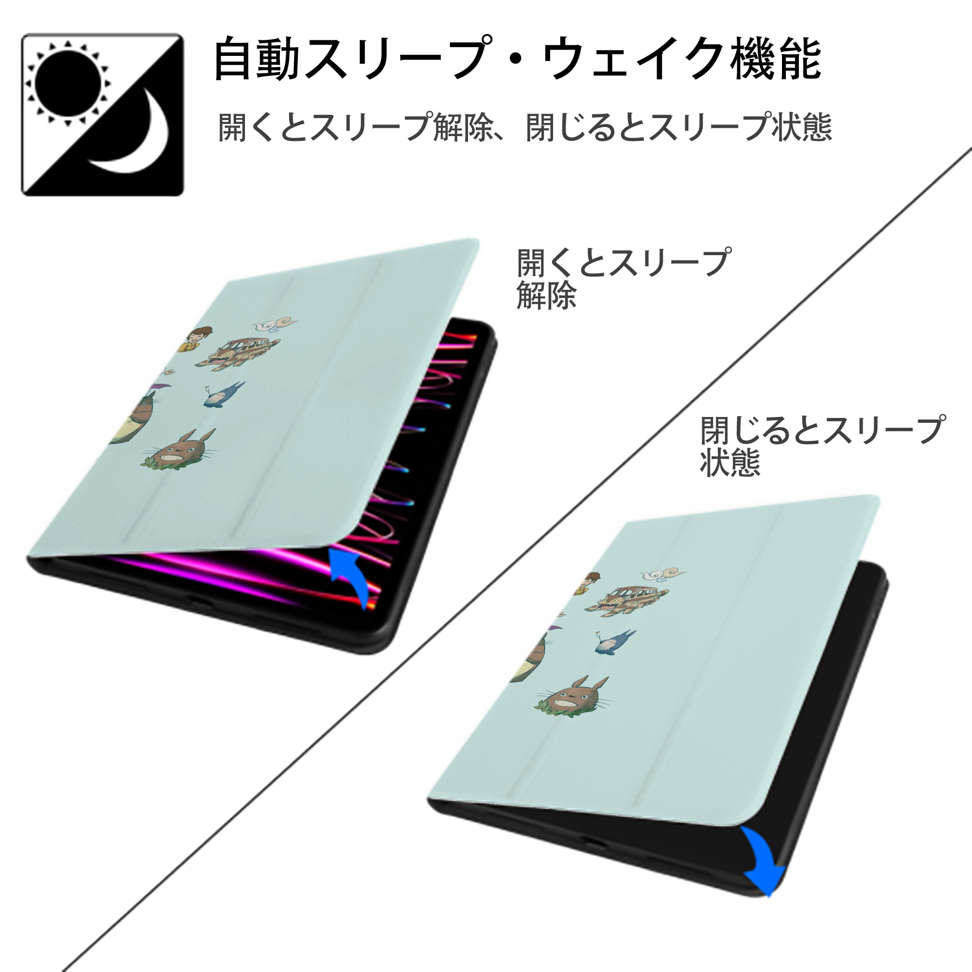 となりのトトロ 草壁メイ 草壁サツキ My Neighbor Totoro Satsuki Kusakabe Mei Kusakabe IPad ケース ブック型 PUレザー TPU 耐衝撃 軽量 薄型 ペン収納なし 全面保護 IPad 各モデル対応