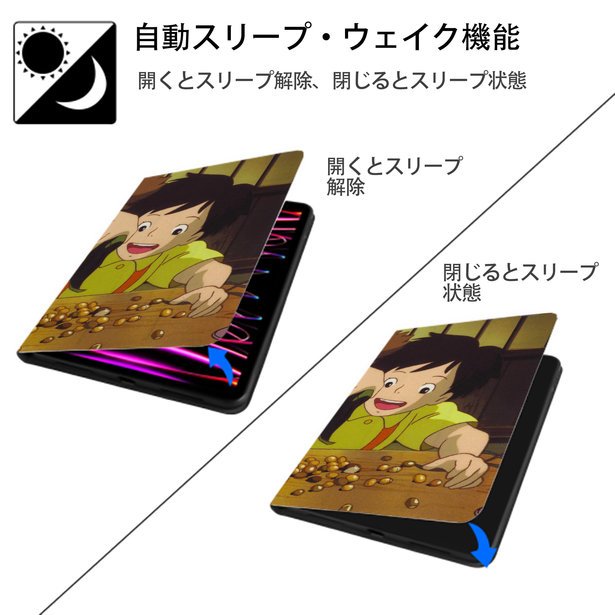 となりのトトロ 草壁メイ 草壁サツキ My Neighbor Totoro Satsuki Kusakabe Mei Kusakabe IPad ケース ブック型 PUレザー TPU 耐衝撃 軽量 薄型 ペン収納なし 全面保護 IPad 各モデル対応
