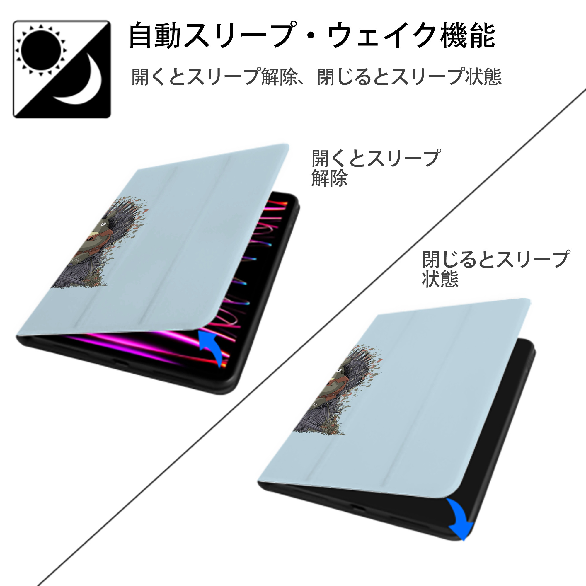 となりのトトロ 草壁メイ 草壁サツキ My Neighbor Totoro Satsuki Kusakabe Mei Kusakabe IPad ケース ブック型 PUレザー TPU 耐衝撃 軽量 薄型 ペン収納なし 全面保護 IPad 各モデル対応