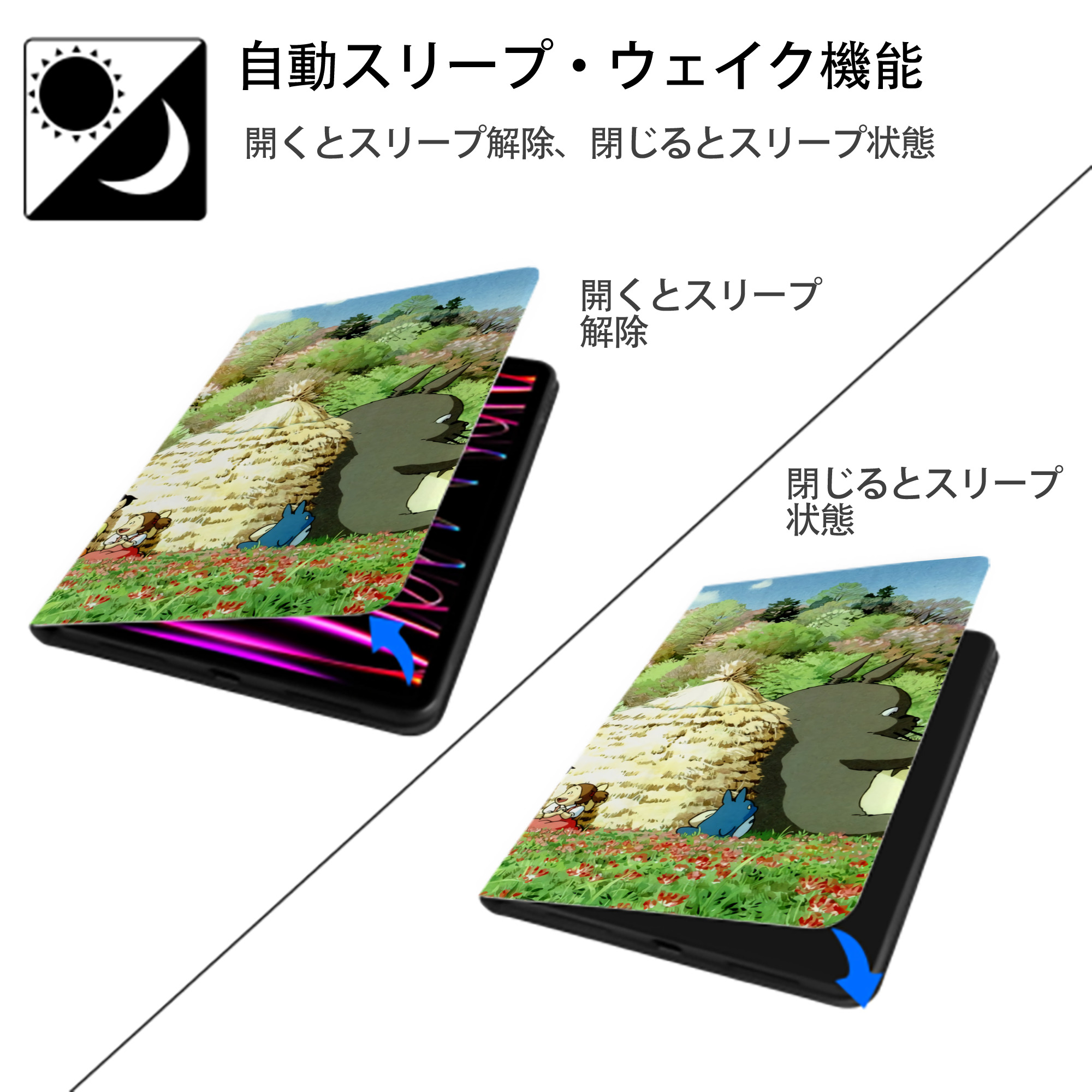 となりのトトロ 草壁メイ 草壁サツキ My Neighbor Totoro Satsuki Kusakabe Mei Kusakabe IPad ケース ブック型 PUレザー TPU 耐衝撃 軽量 薄型 ペン収納なし 全面保護 IPad 各モデル対応