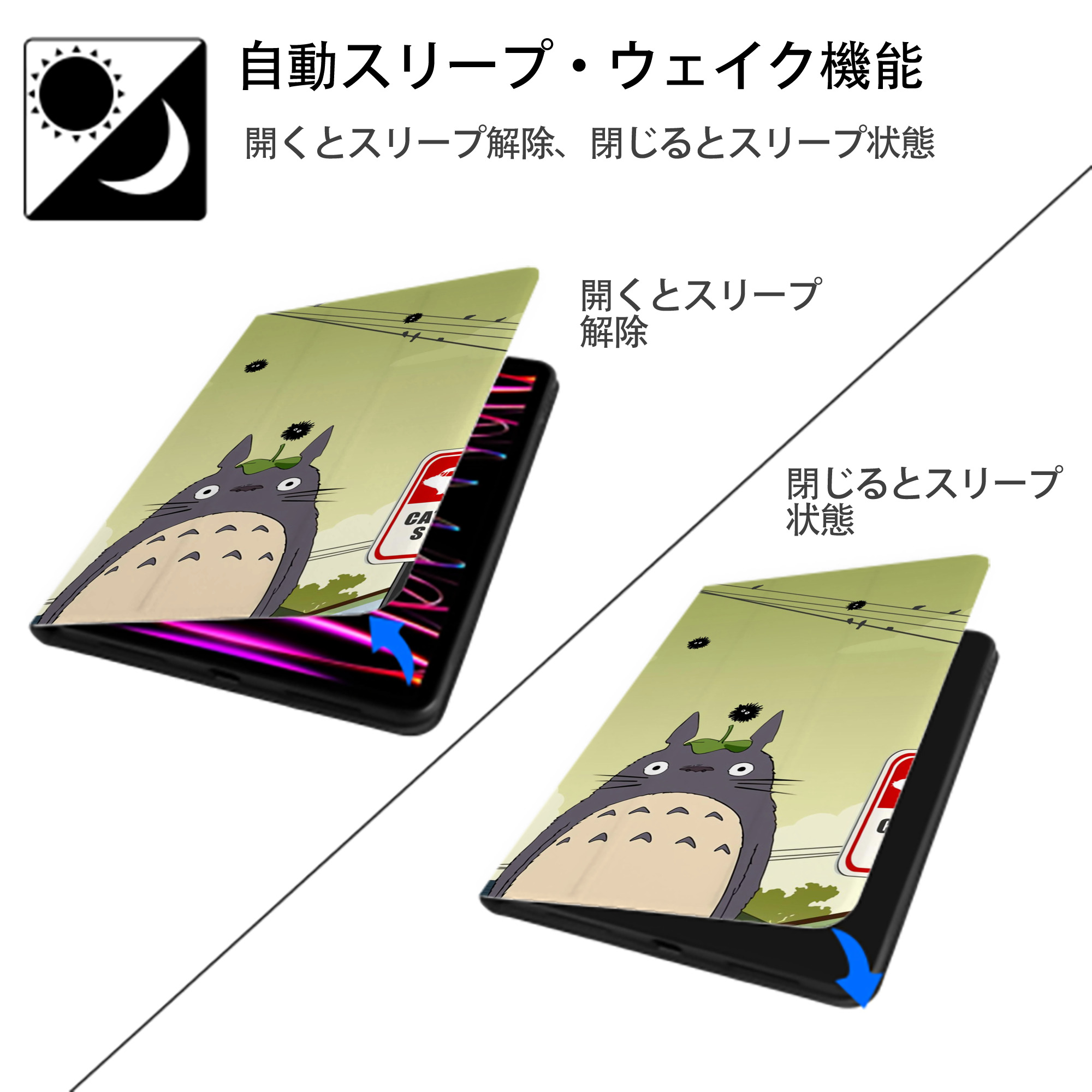 となりのトトロ 草壁メイ 草壁サツキ My Neighbor Totoro Satsuki Kusakabe Mei Kusakabe IPad ケース ブック型 PUレザー TPU 耐衝撃 軽量 薄型 ペン収納なし 全面保護 IPad 各モデル対応
