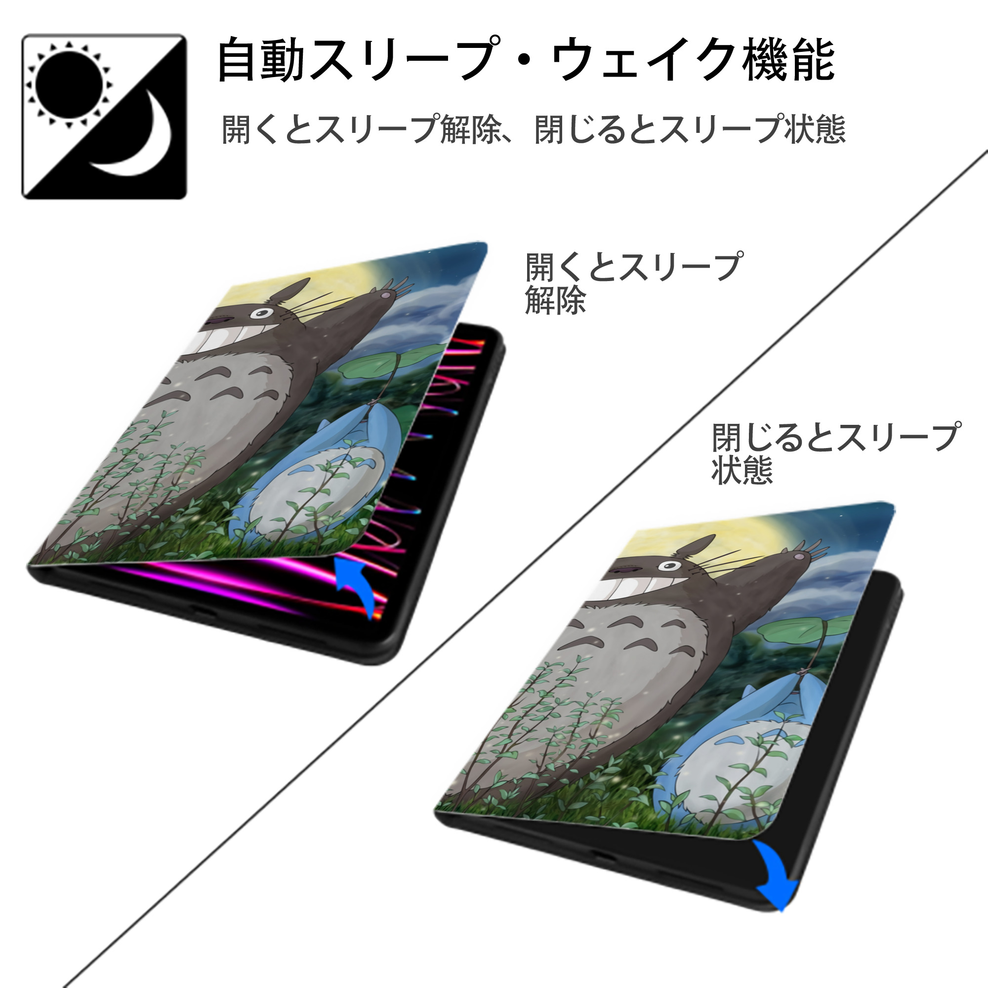 となりのトトロ 草壁メイ 草壁サツキ My Neighbor Totoro Satsuki Kusakabe Mei Kusakabe IPad ケース ブック型 PUレザー TPU 耐衝撃 軽量 薄型 ペン収納なし 全面保護 IPad 各モデル対応