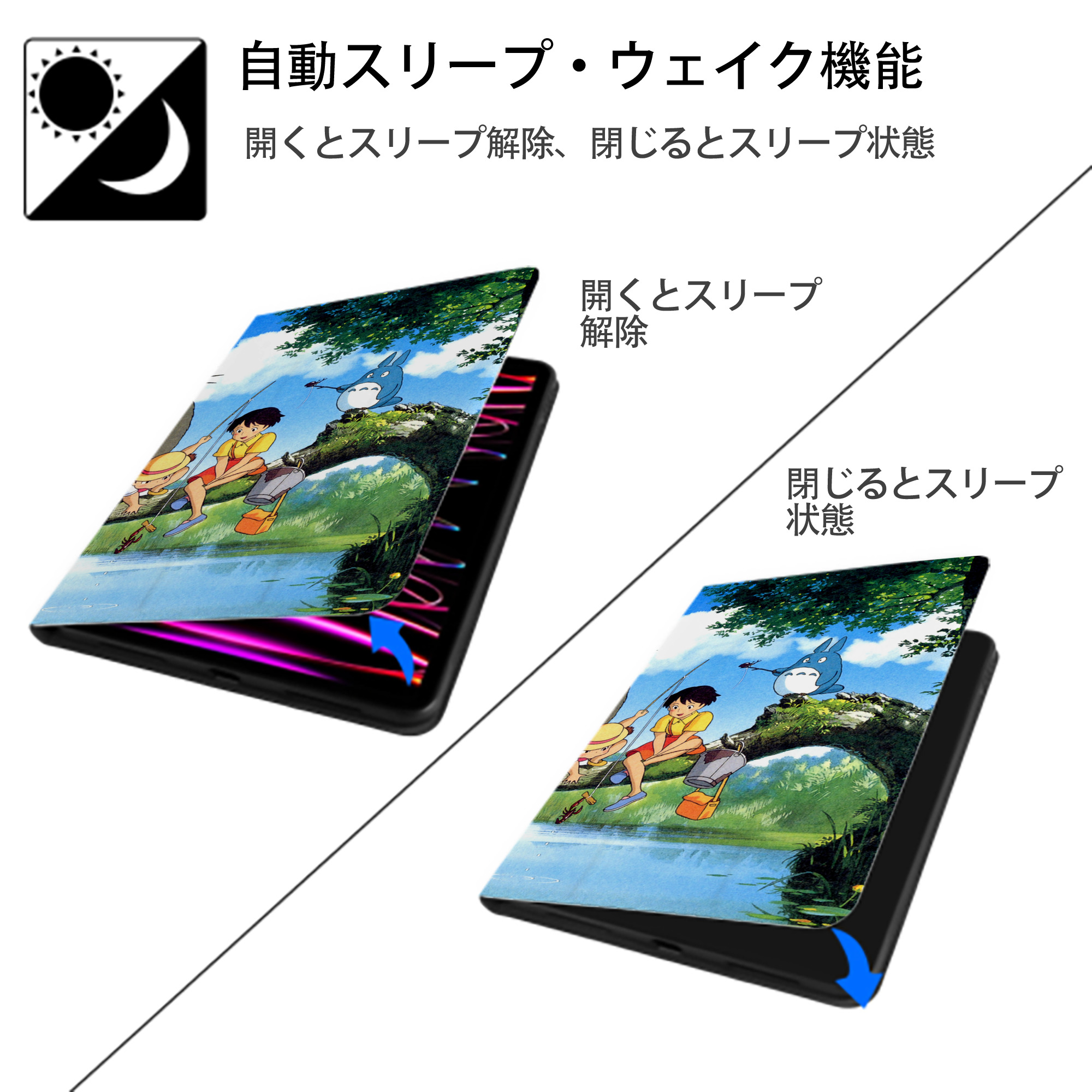 となりのトトロ 草壁メイ 草壁サツキ My Neighbor Totoro Satsuki Kusakabe Mei Kusakabe IPad ケース ブック型 PUレザー TPU 耐衝撃 軽量 薄型 ペン収納なし 全面保護 IPad 各モデル対応