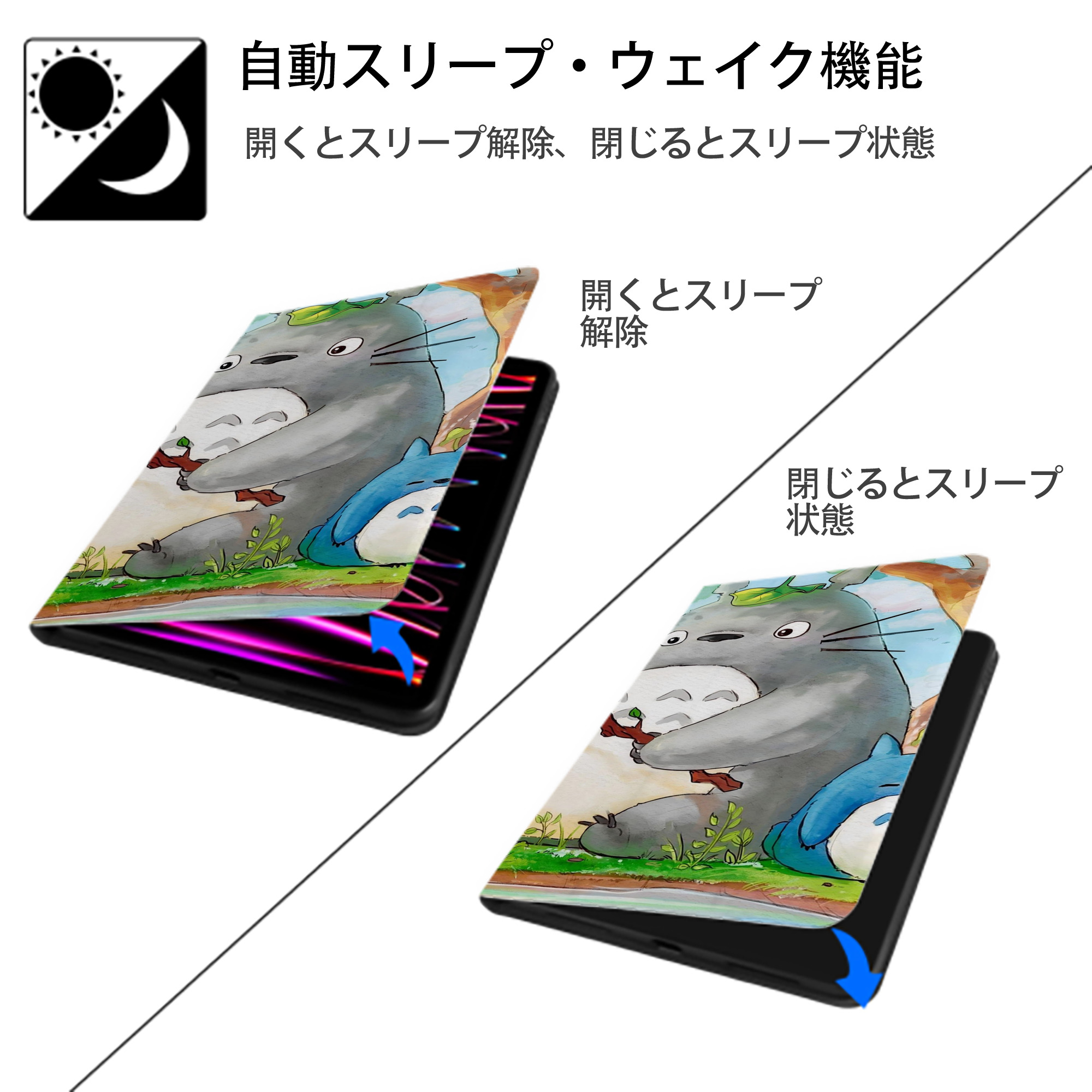 となりのトトロ 草壁メイ 草壁サツキ My Neighbor Totoro Satsuki Kusakabe Mei Kusakabe IPad ケース ブック型 PUレザー TPU 耐衝撃 軽量 薄型 ペン収納なし 全面保護 IPad 各モデル対応