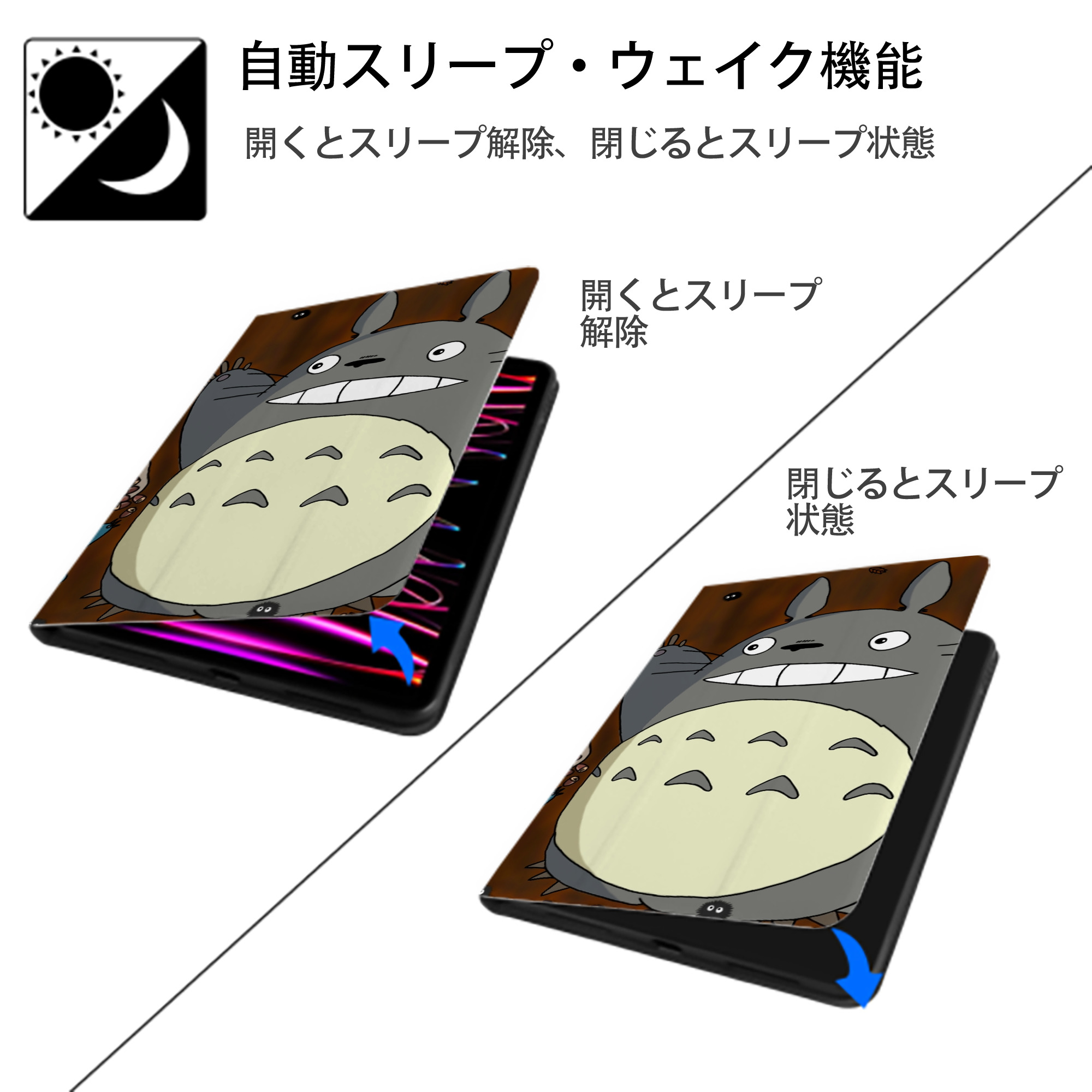 となりのトトロ 草壁メイ 草壁サツキ My Neighbor Totoro Satsuki Kusakabe Mei Kusakabe IPad ケース ブック型 PUレザー TPU 耐衝撃 軽量 薄型 ペン収納なし 全面保護 IPad 各モデル対応