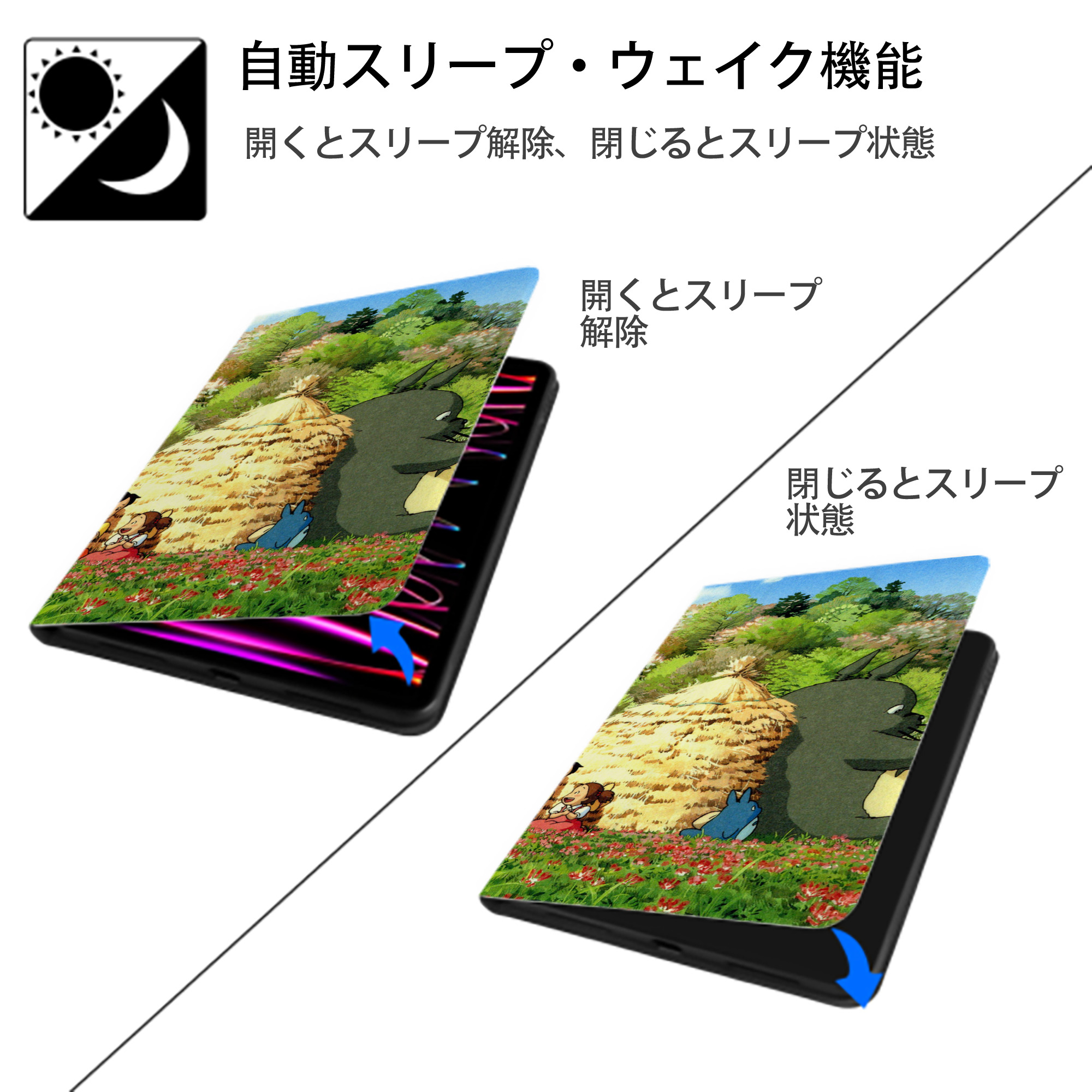 となりのトトロ 草壁メイ 草壁サツキ My Neighbor Totoro Satsuki Kusakabe Mei Kusakabe IPad ケース ブック型 PUレザー TPU 耐衝撃 軽量 薄型 ペン収納なし 全面保護 IPad 各モデル対応