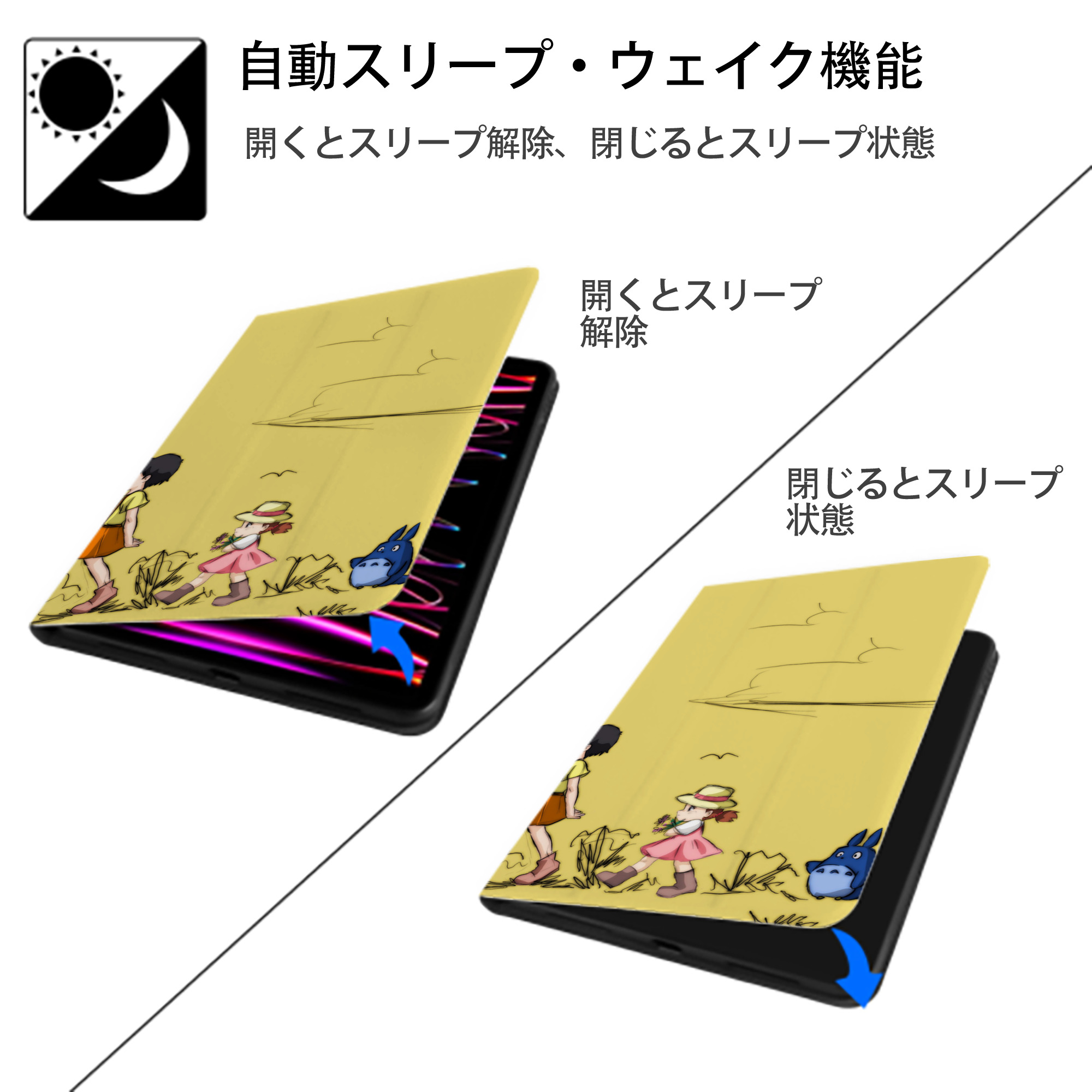 となりのトトロ 草壁メイ 草壁サツキ My Neighbor Totoro Satsuki Kusakabe Mei Kusakabe IPad ケース ブック型 PUレザー TPU 耐衝撃 軽量 薄型 ペン収納なし 全面保護 IPad 各モデル対応
